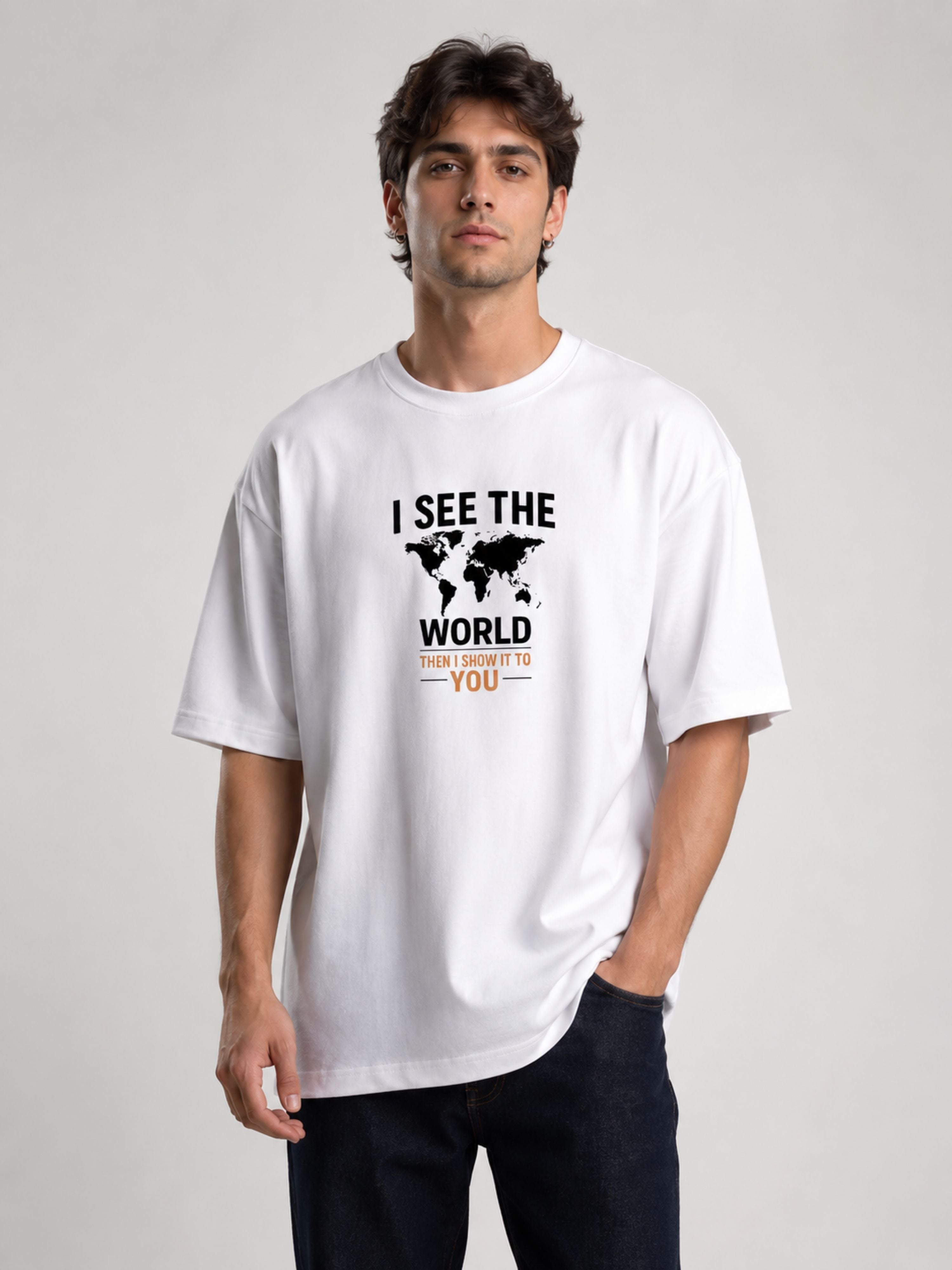 White oversized fit Journalists Tshirt For Men with world map graphic and text design