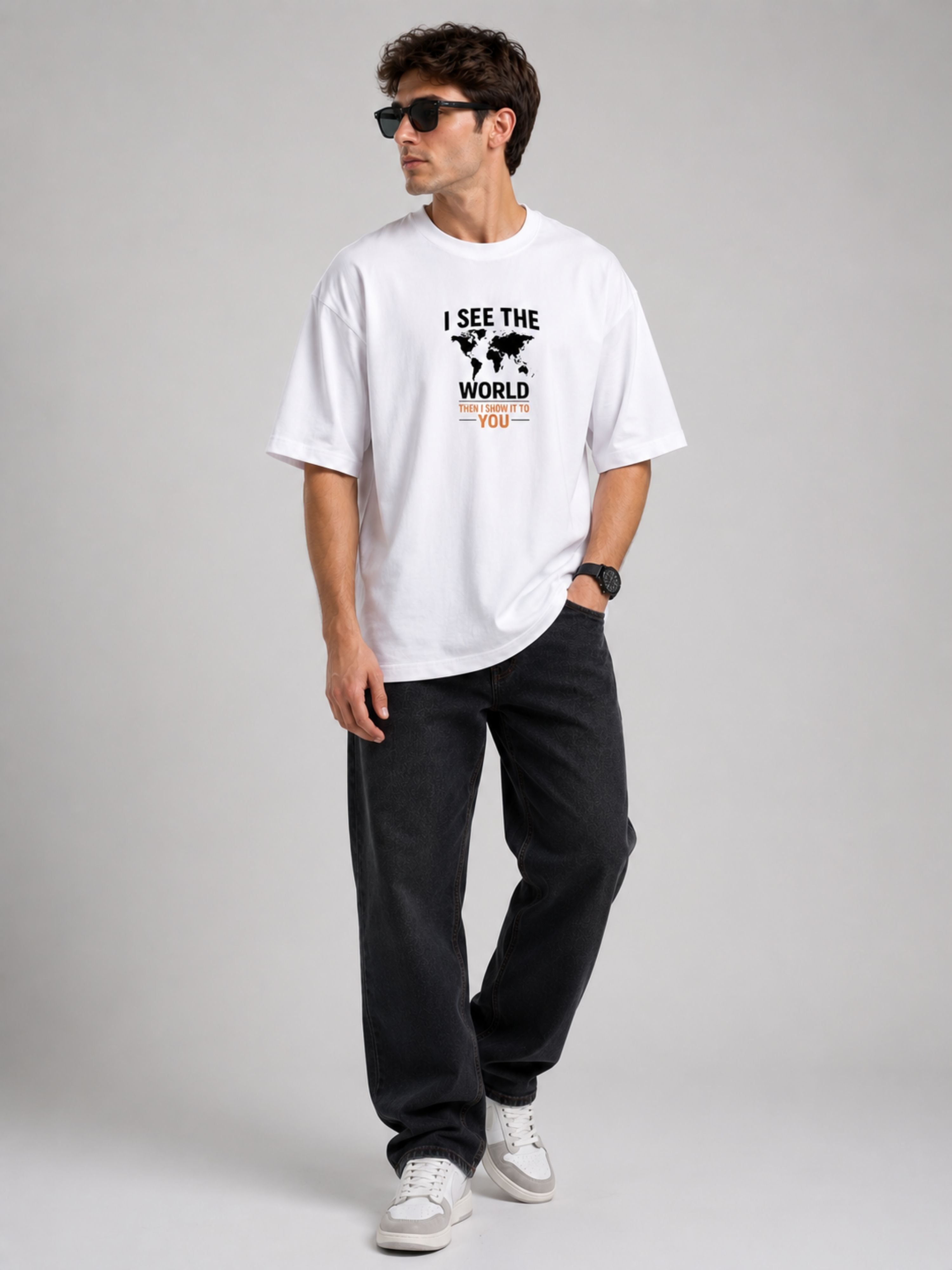 Bandar Baant Collections oversized fit Journalists Tshirt For Men in white with black text and world map design