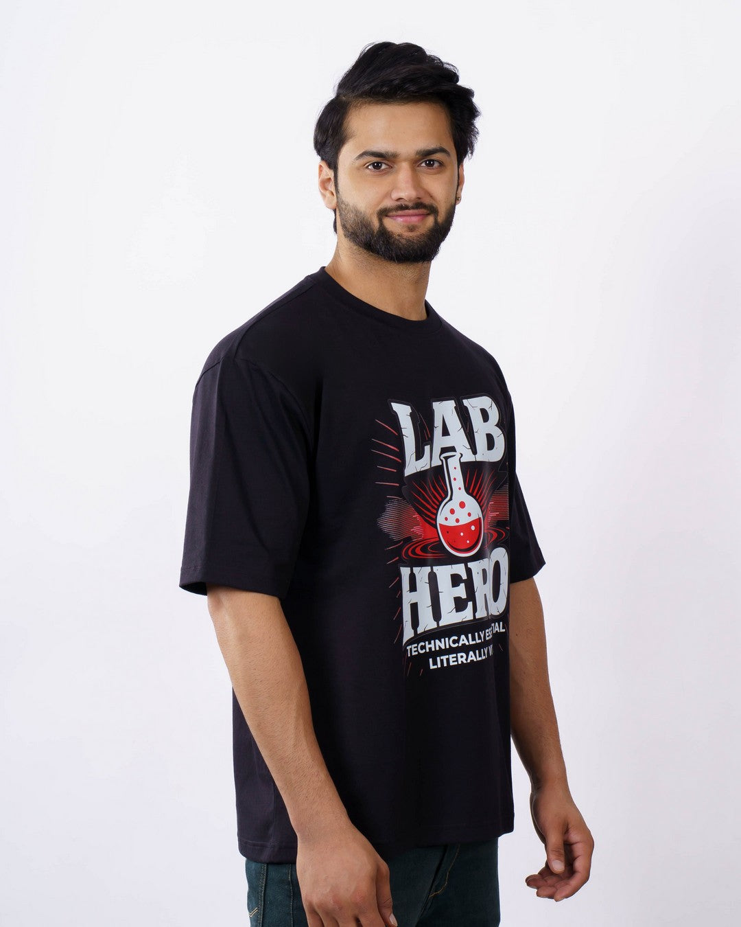 Black oversized fit Lab Technician Quote Tshirt For Men with science hero graphic design