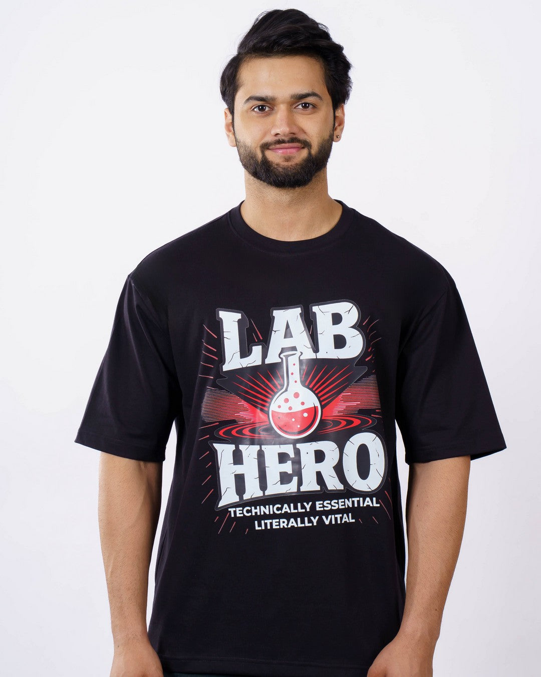 Bandar Baant Collections oversized fit Lab Technician Quote Tshirt For Men with lab hero graphic