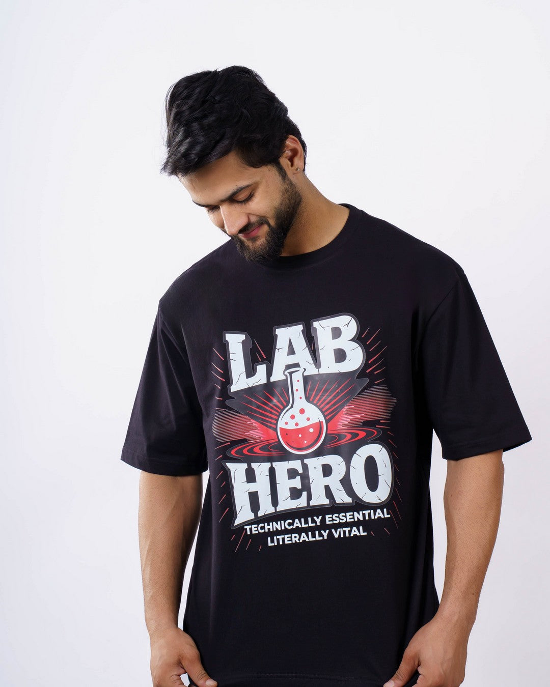 Black oversized fit Tshirt with Lab Technician Quote Tshirt For Men design featuring a lab beaker graphic