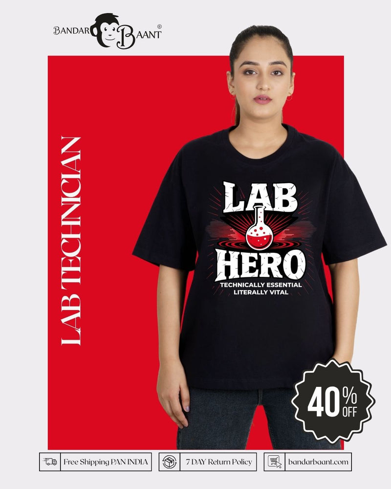 Bandar Baant Collections oversized fit Lab Technician Quote Tshirt For Women in black with lab hero graphic