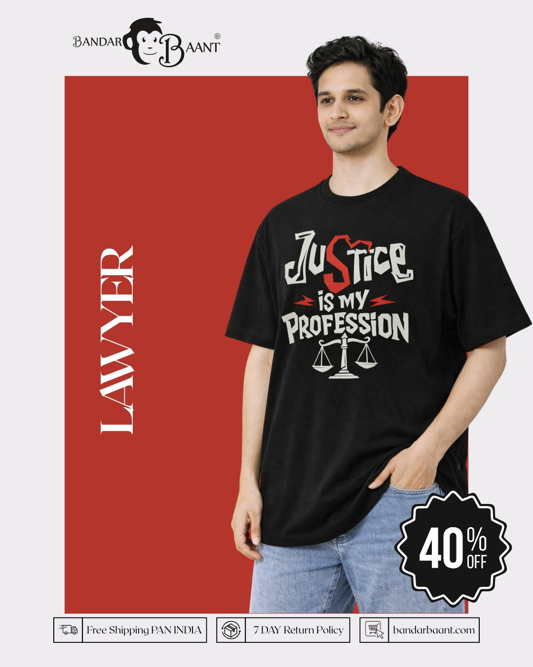 Lawyer Oversized Designer T-Shirt For Men by Bandar Baant Collections in black with Justice is my Profession print