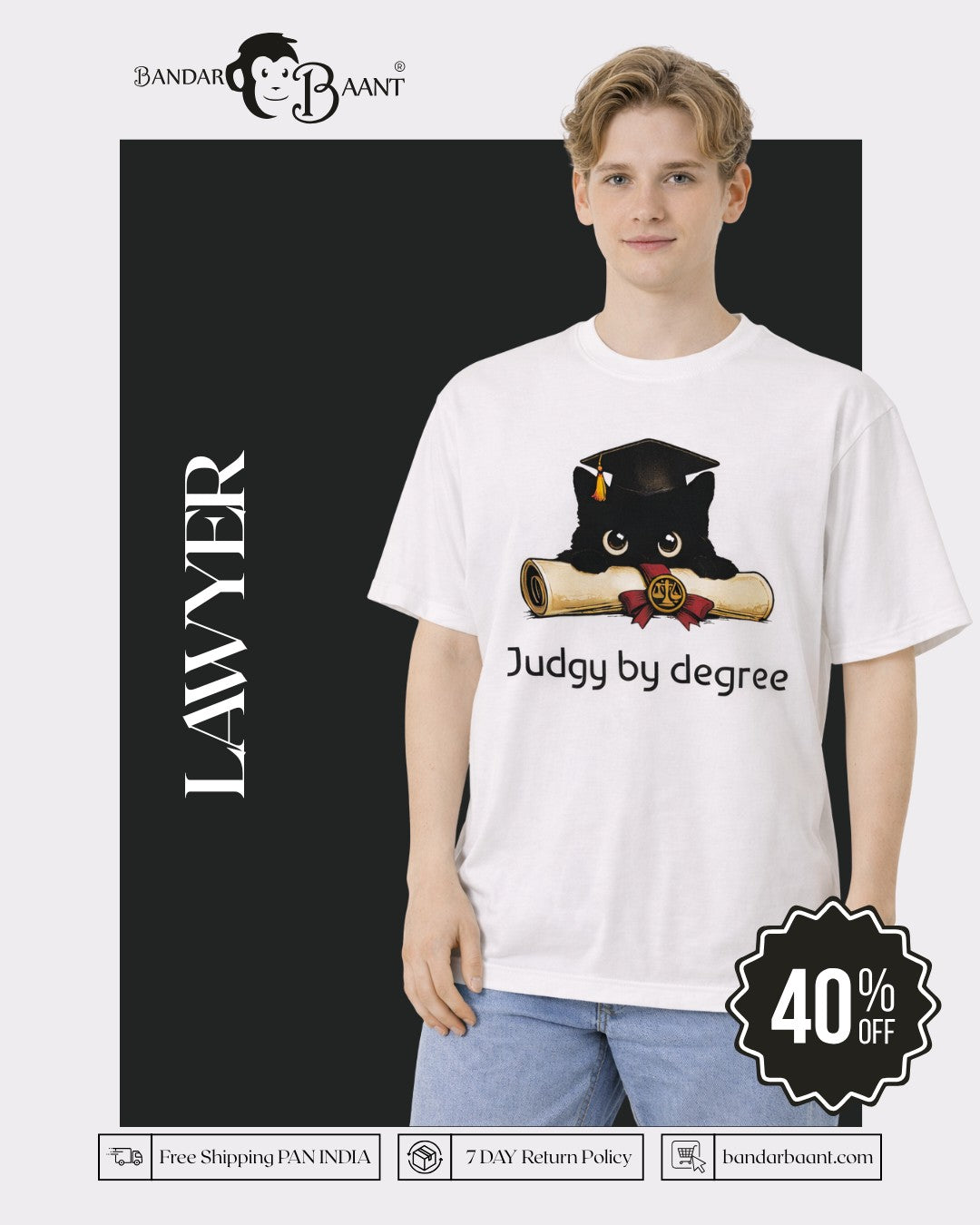 Lawyer Oversized Designer T-Shirt For Men in white with cat and degree graphic, oversized fit by Bandar Baant Collections