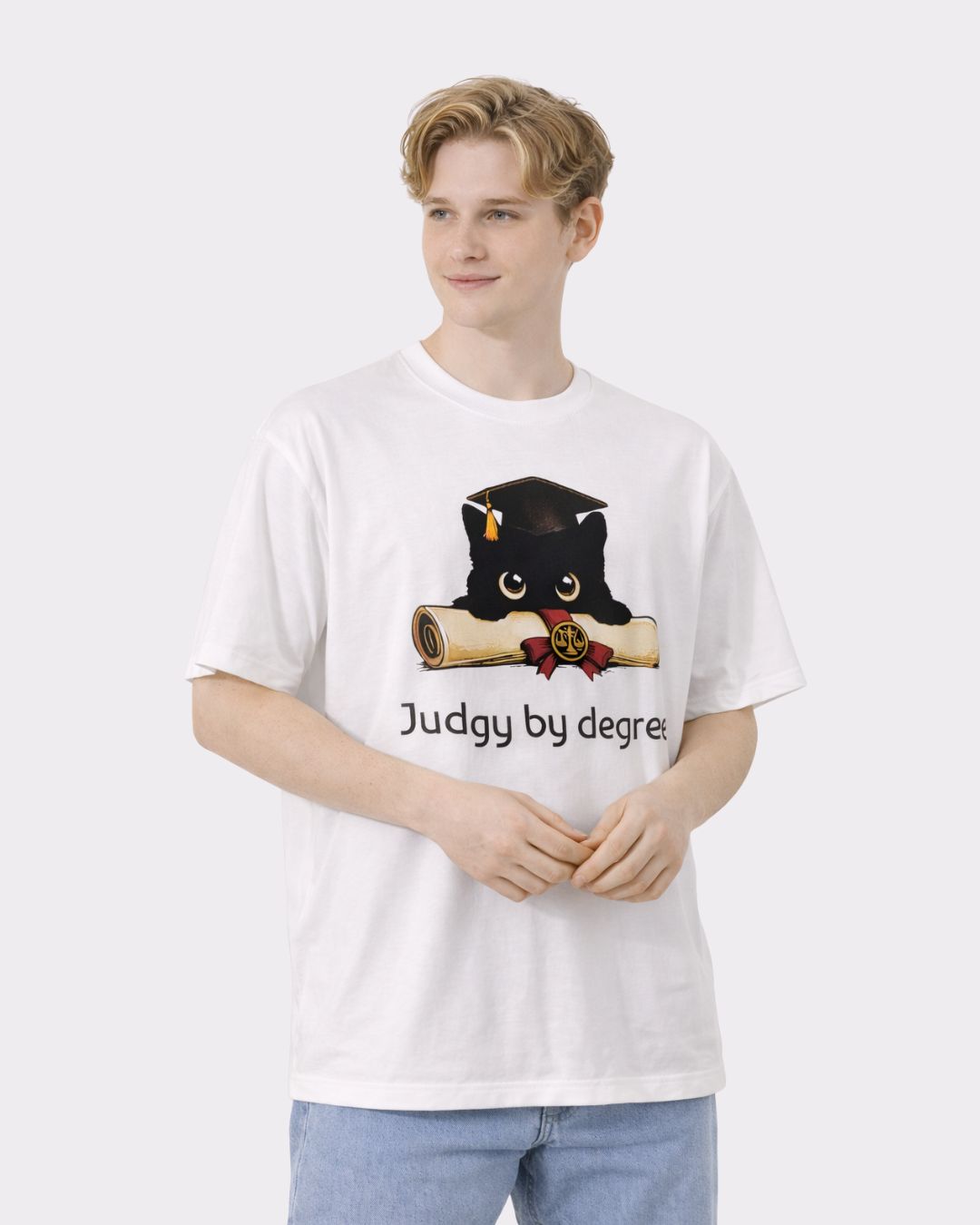 Lawyer Oversized Designer T-Shirt For Men white with fun legal cat print and oversized fit from Bandar Baant Collections