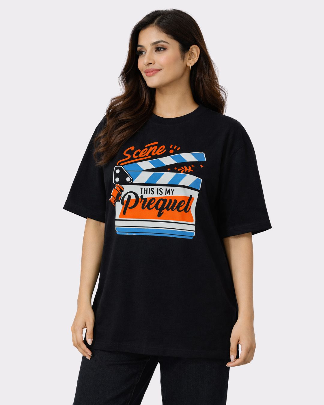 Lawyer Oversized Funky T-Shirt For Women black oversized fit tshirt with colorful movie clapper design