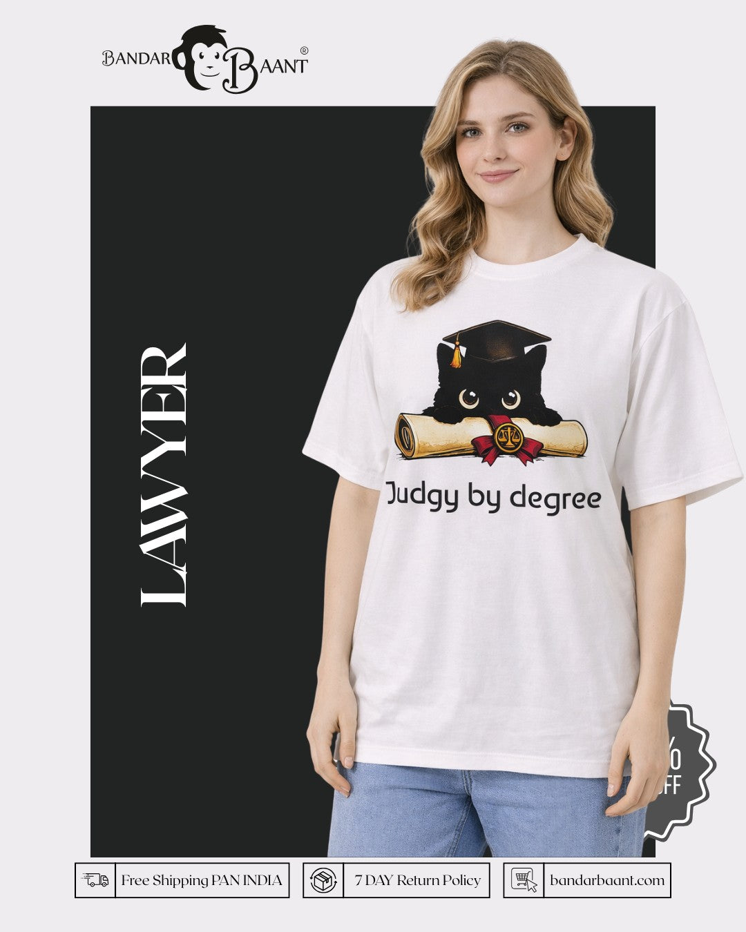 Lawyer Oversized Funky T-Shirt For Women white tee with cartoon cat and judge diploma graphic