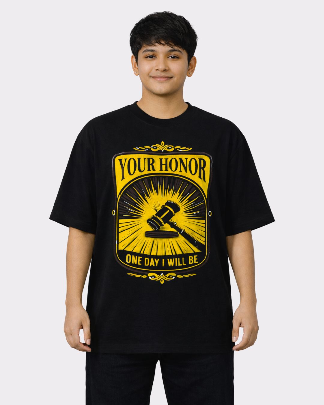 Lawyer Oversized Printed T-Shirt For Men in black with yellow gavel design and Your Honor text