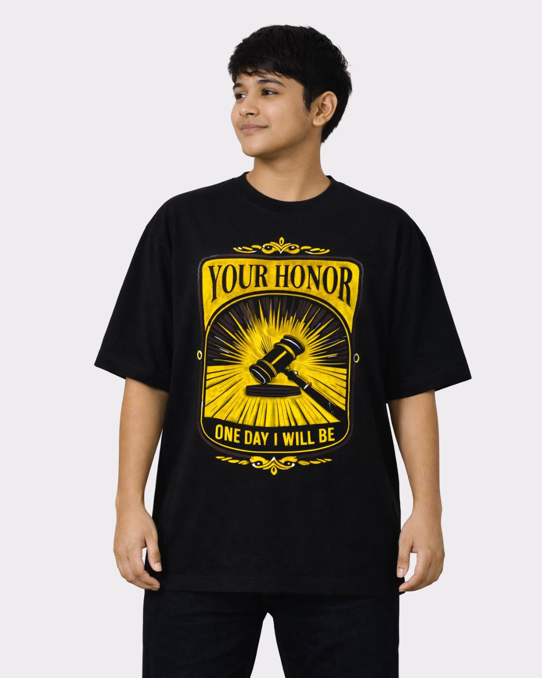 Lawyer Oversized Printed T-Shirt For Men in black with yellow gavel graphic and Your Honor text