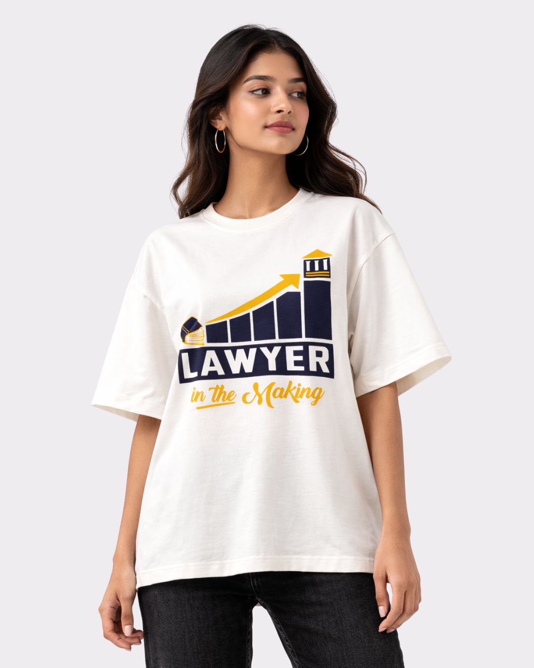 Lawyer Oversized Printed T-Shirt For Women by Bandar Baant Collections white tee with graphic design