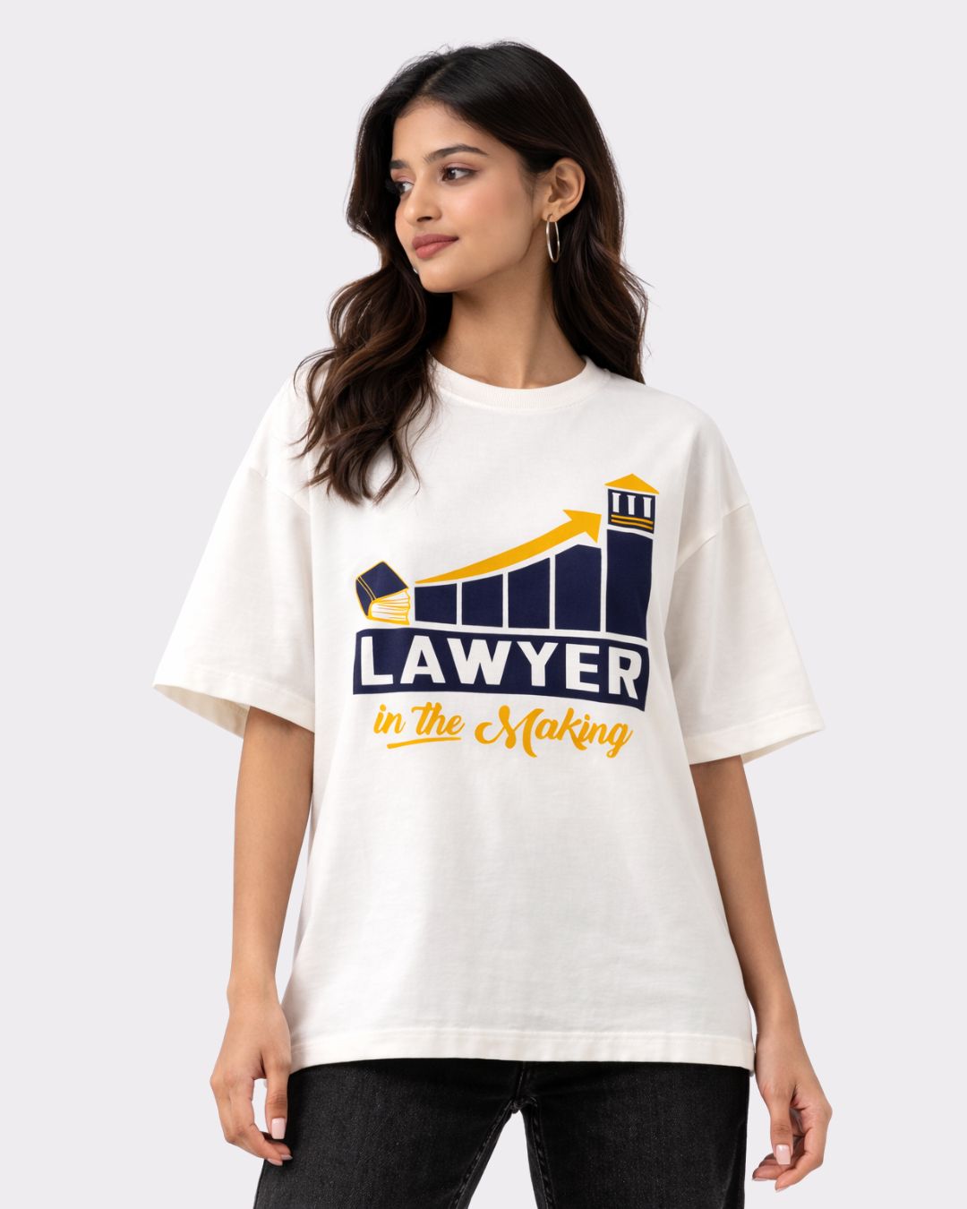 Lawyer Oversized Printed T-Shirt For Women white oversized fit tshirt with graphic design and lettering