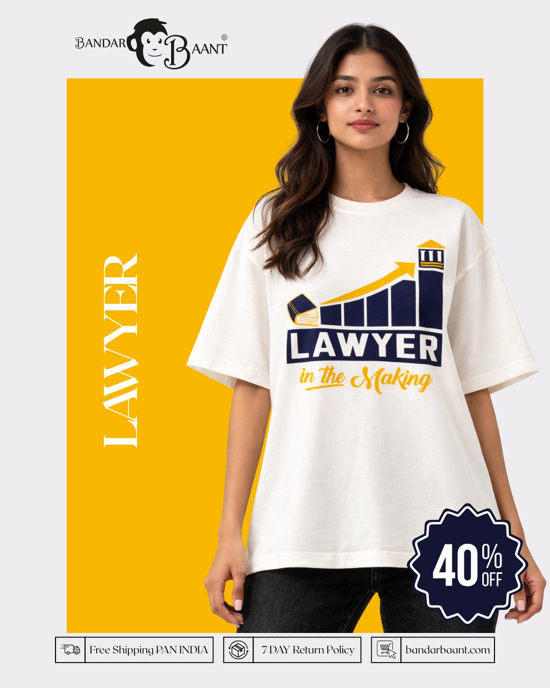 Lawyer Oversized Printed T-Shirt For Women white oversized fit t-shirt with graphic design from Bandar Baant Collections