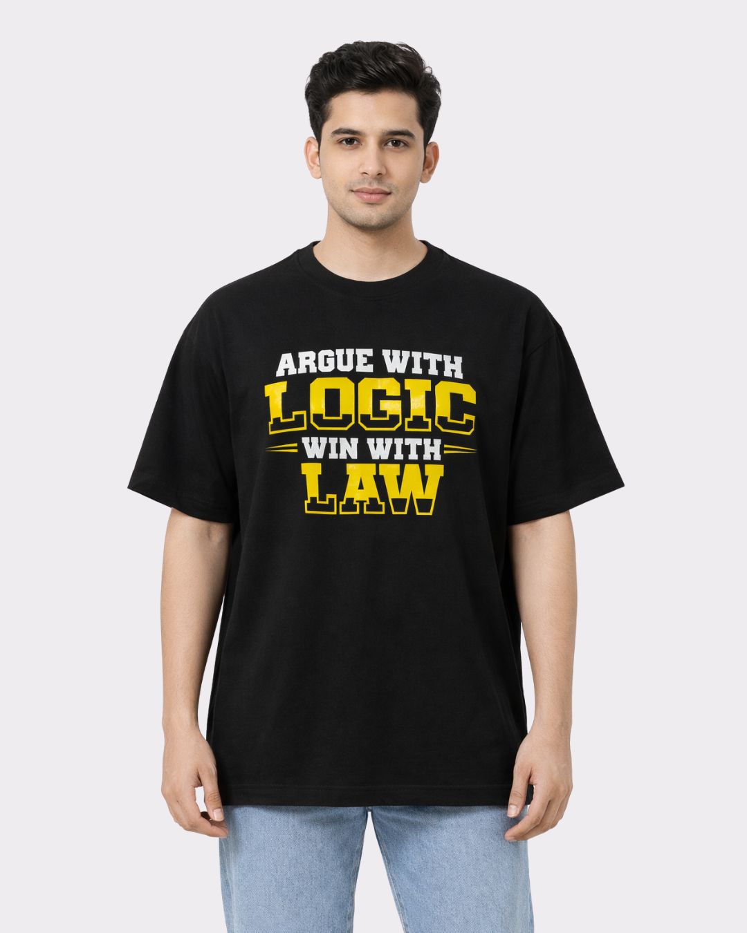 Black Lawyer Oversized Quirky T-Shirt For Men with yellow and white text worn by male model