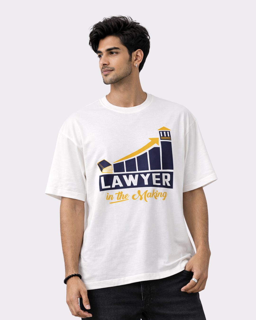 Lawyer Oversized Quirky T-Shirt For Men in white with graphic print and relaxed fit from Bandar Baant Collections