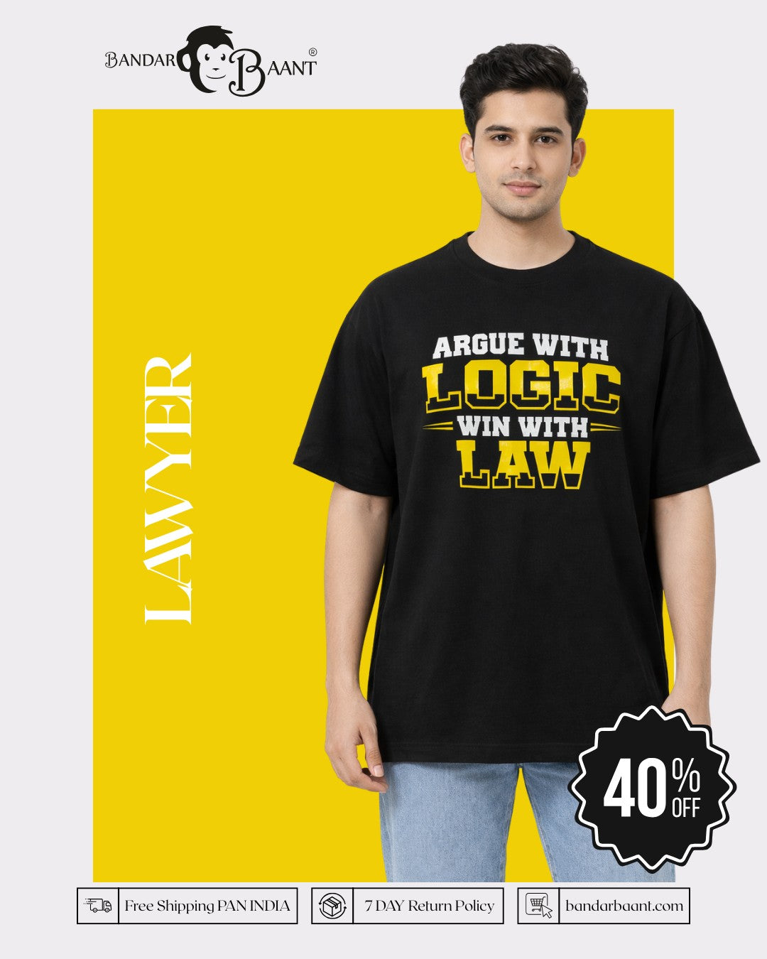 Lawyer Oversized Quirky T-Shirt For Men black oversized fit with logic law print by Bandar Baant Collections