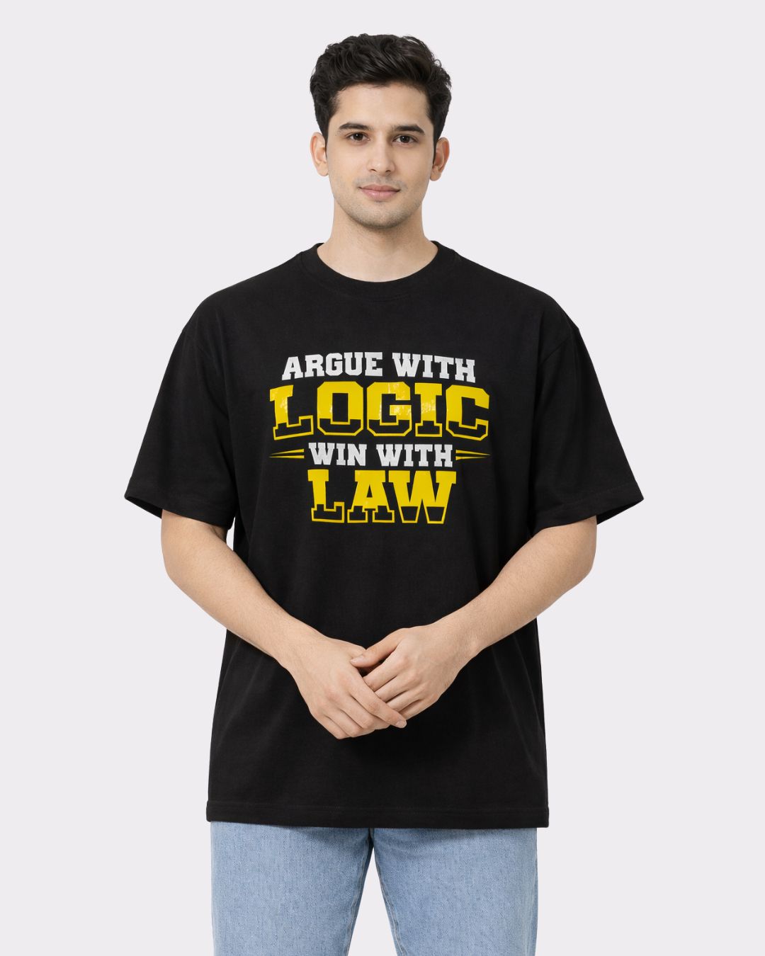 Lawyer Oversized Quirky T-Shirt For Men in black with yellow and white text worn by male model