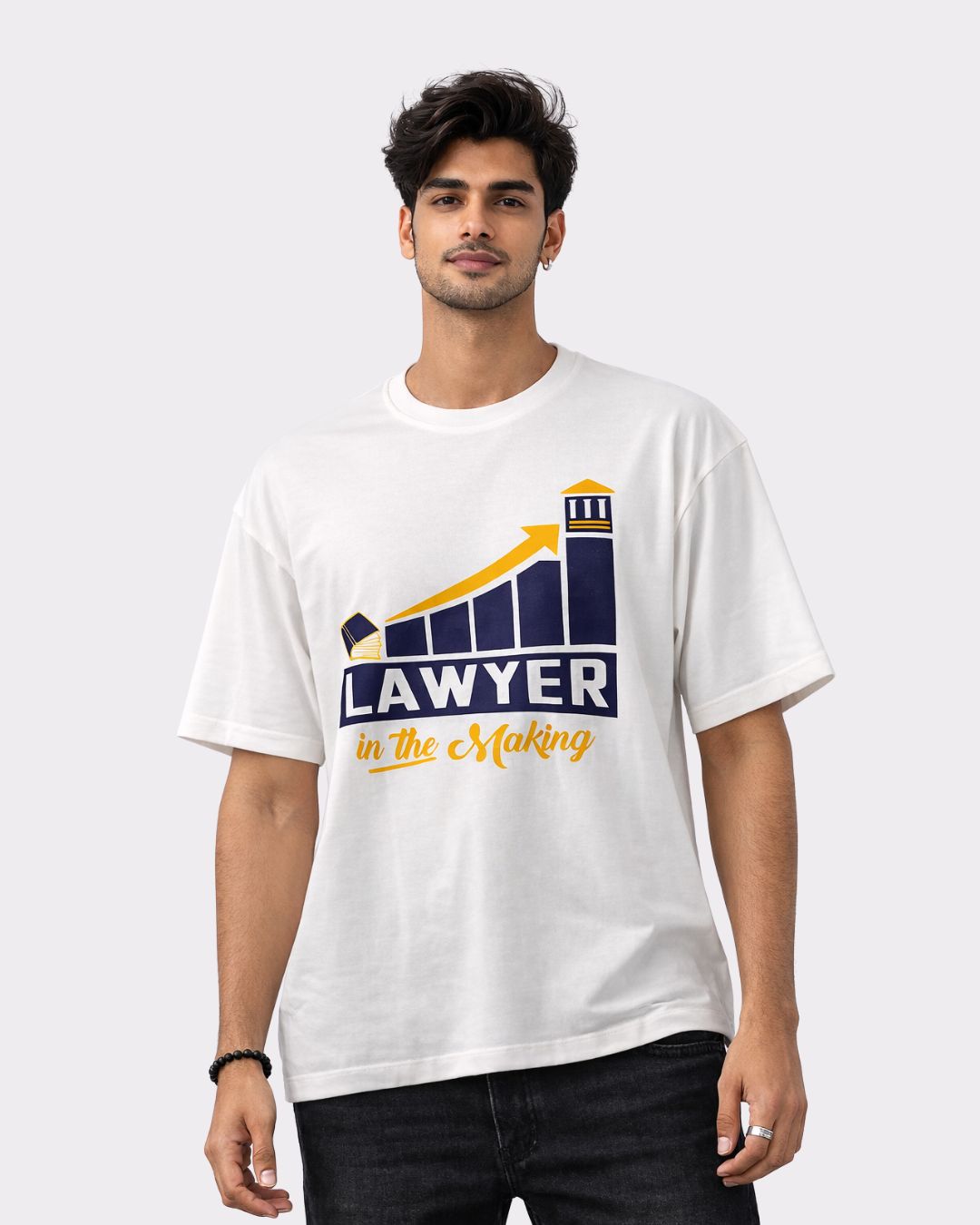 Lawyer Oversized Quirky T-Shirt For Men in white with graphic design worn by male model