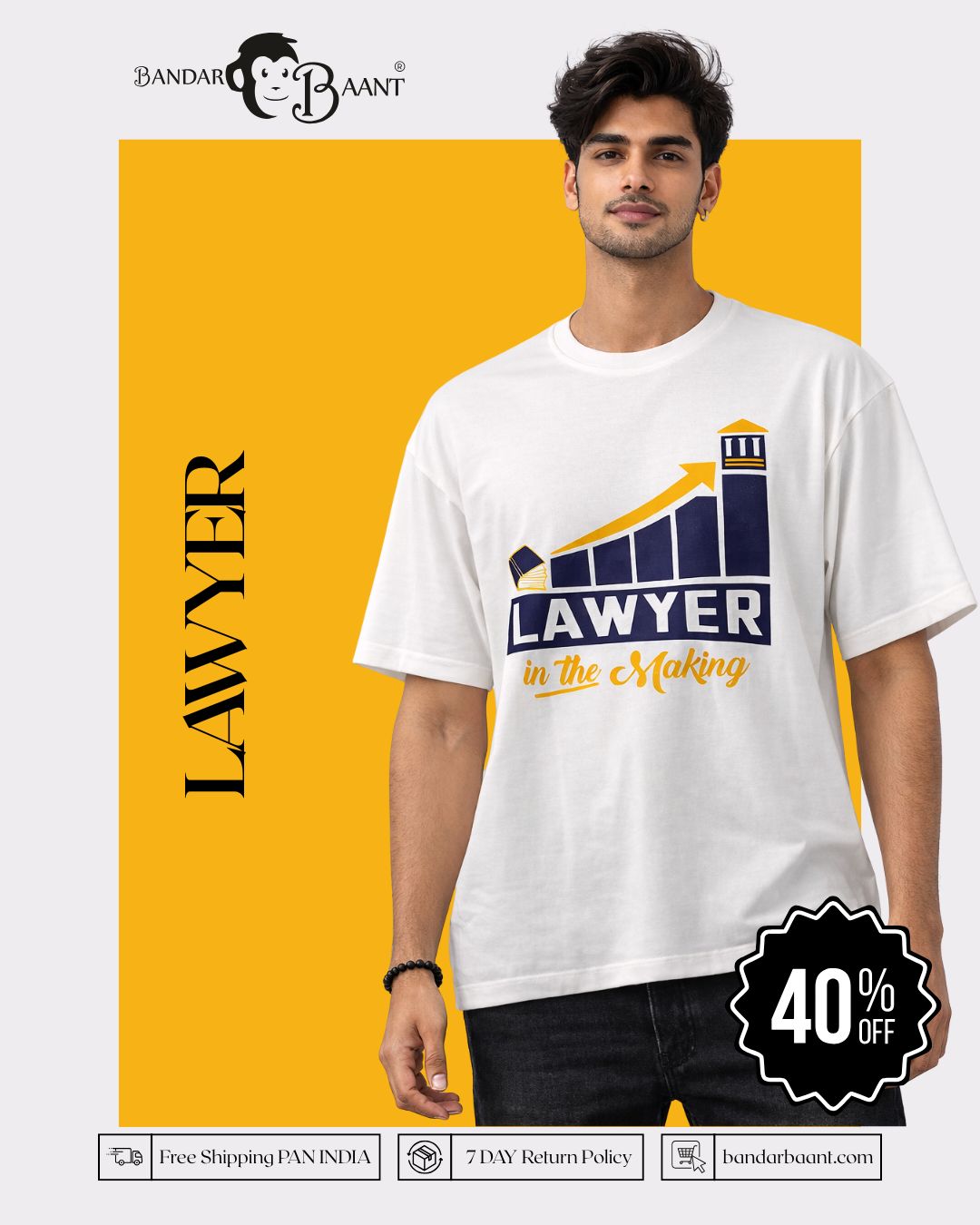 Lawyer Oversized Quirky T-Shirt For Men in white with graphic design modeled by a man