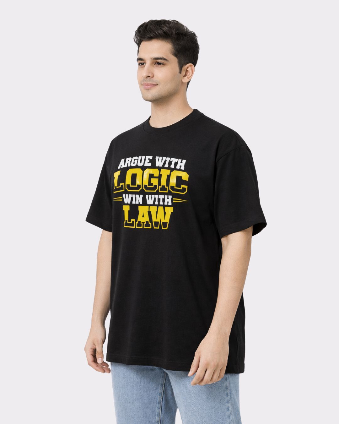 Lawyer Oversized Quirky T-Shirt For Men in black with yellow logic and law text oversized fit by Bandar Baant Collections