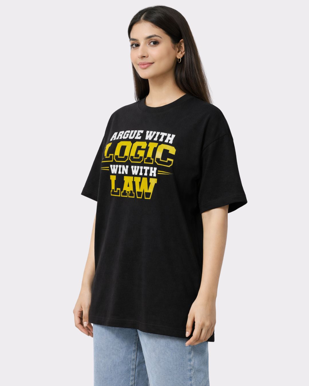 Lawyer Oversized Quirky T-Shirt For Women in black with argue with logic law print and relaxed fit
