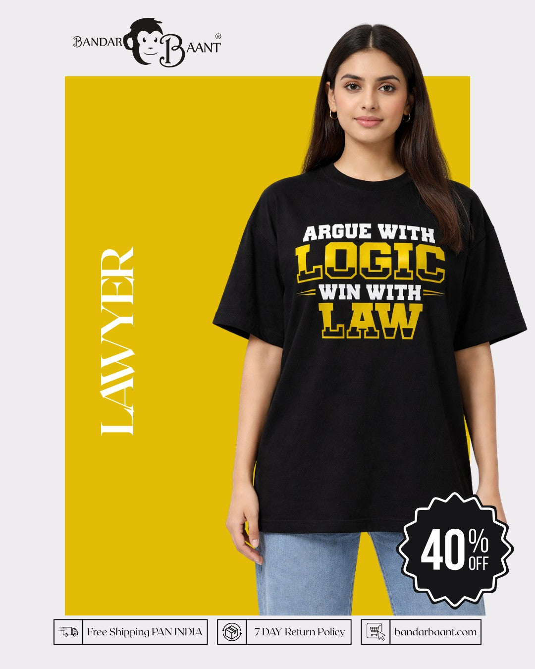 Lawyer Oversized Quirky T-Shirt For Women black oversized fit tee with logic and law print