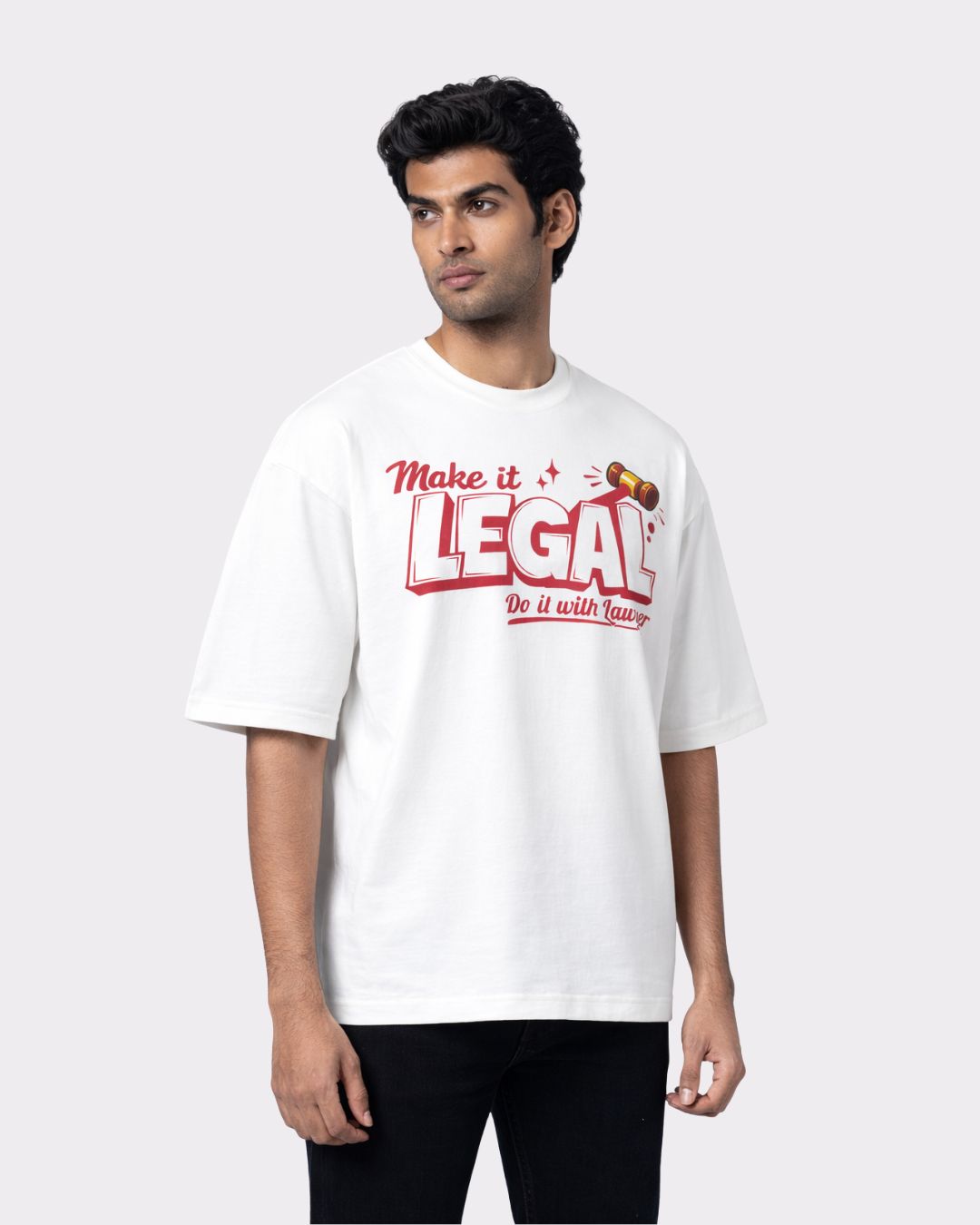 Lawyer Oversized Quote T-Shirt For Men in white with Make It Legal text and gavel graphic