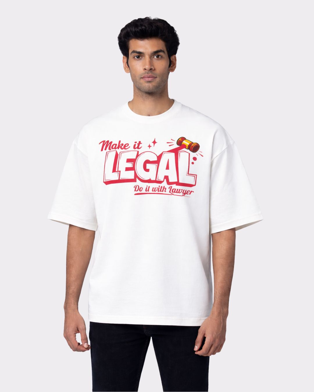 Lawyer Oversized Quote T-Shirt For Men white oversized fit tshirt with legal gavel graphic and red text