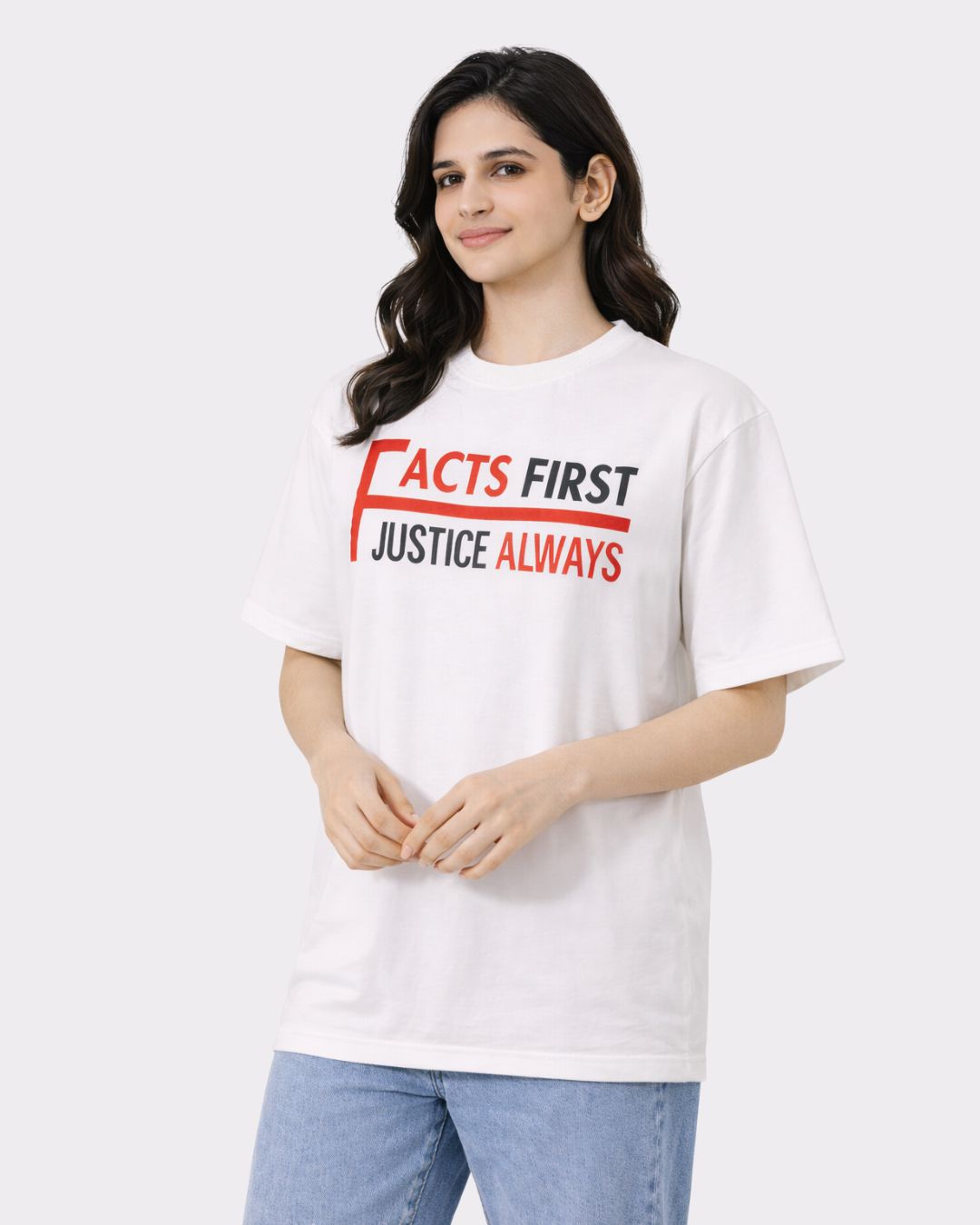 Lawyer Oversized Quote T-Shirt For Women white with facts first justice always text in oversized fit
