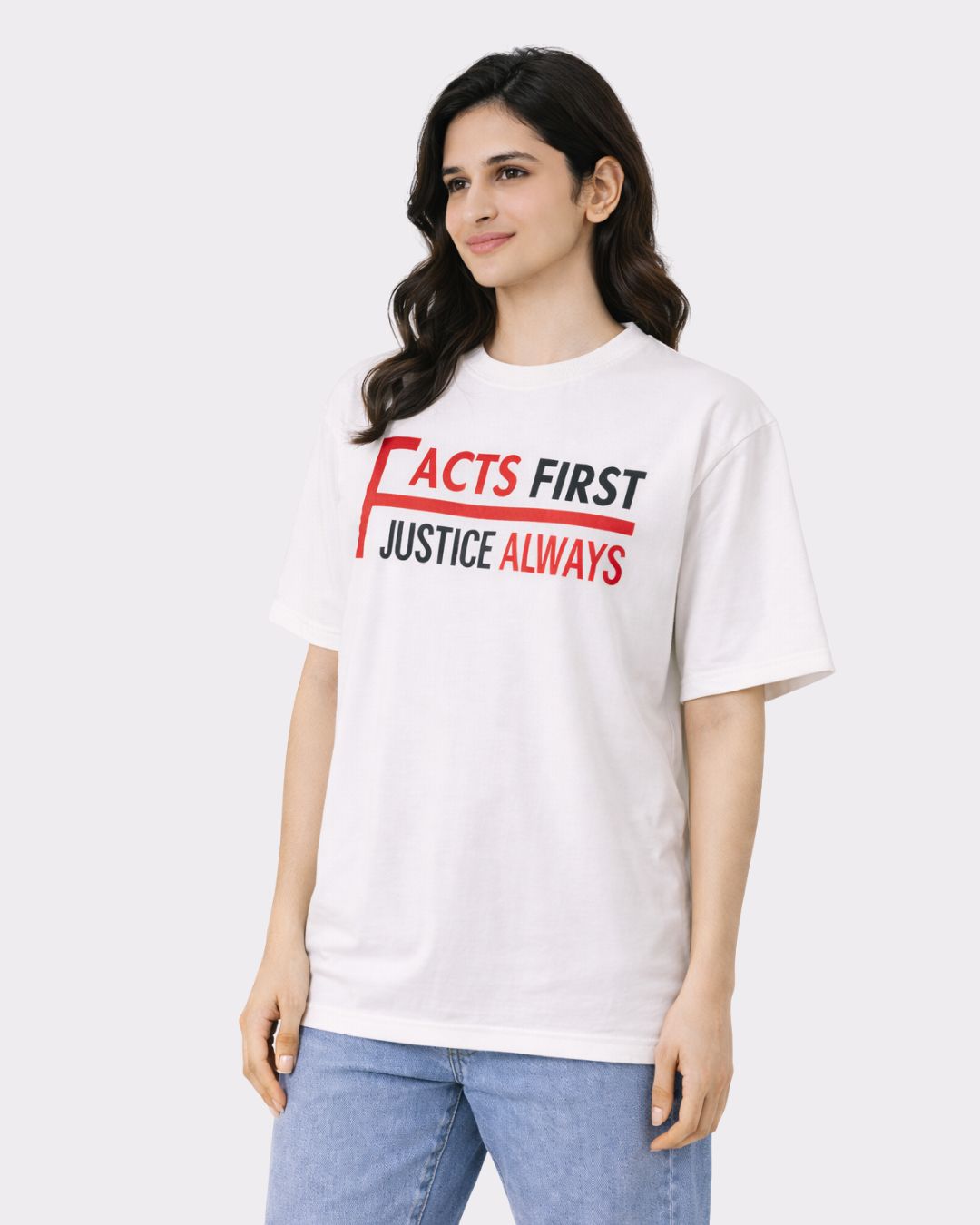 Lawyer Oversized Quote T-Shirt For Women in white with facts first justice always print by Bandar Baant Collections