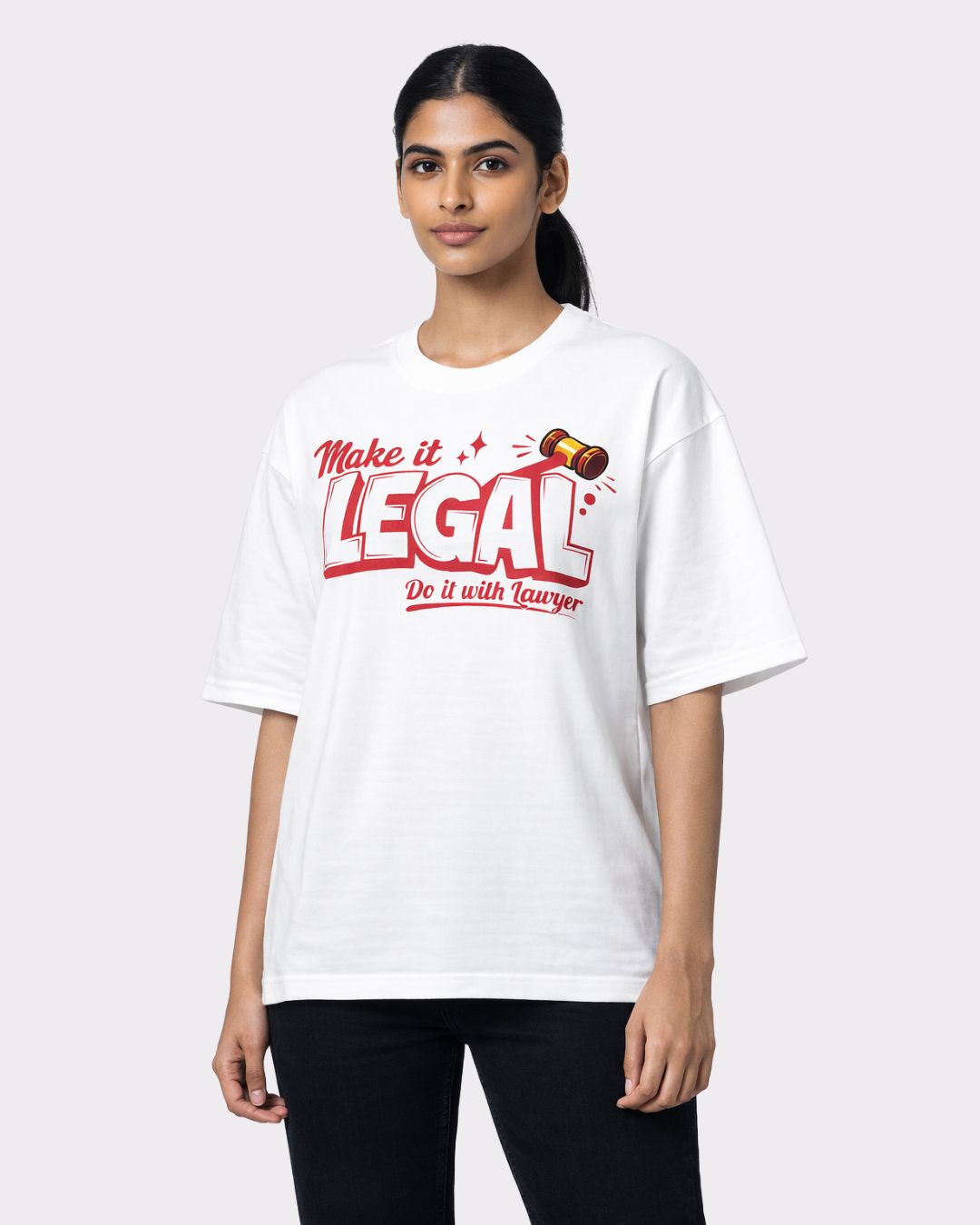 Lawyer Oversized Quote T-Shirt For Women in white with red legal text and gavel graphic by Bandar Baant Collections