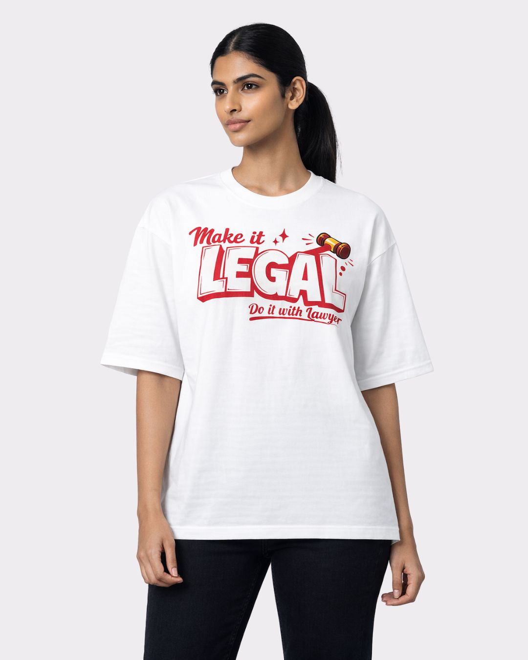 Lawyer Oversized Quote T-Shirt For Women in white with red legal text and gavel graphic from Bandar Baant Collections