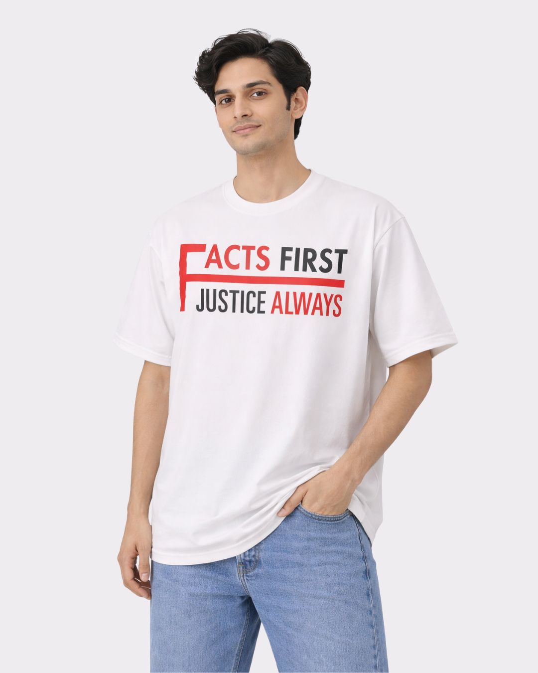 Lawyer Oversized Quote T-Shirt For Men white with facts first justice always print by Bandar Baant Collections