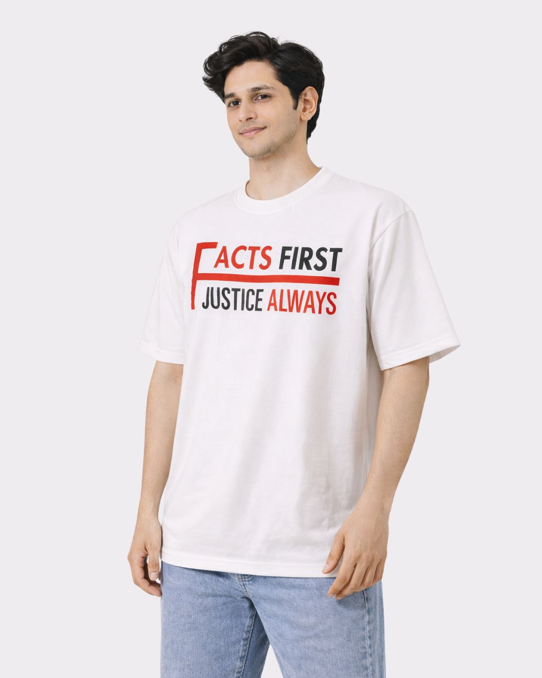 Lawyer Oversized Quote T-Shirt For Men in white with facts first justice always text design
