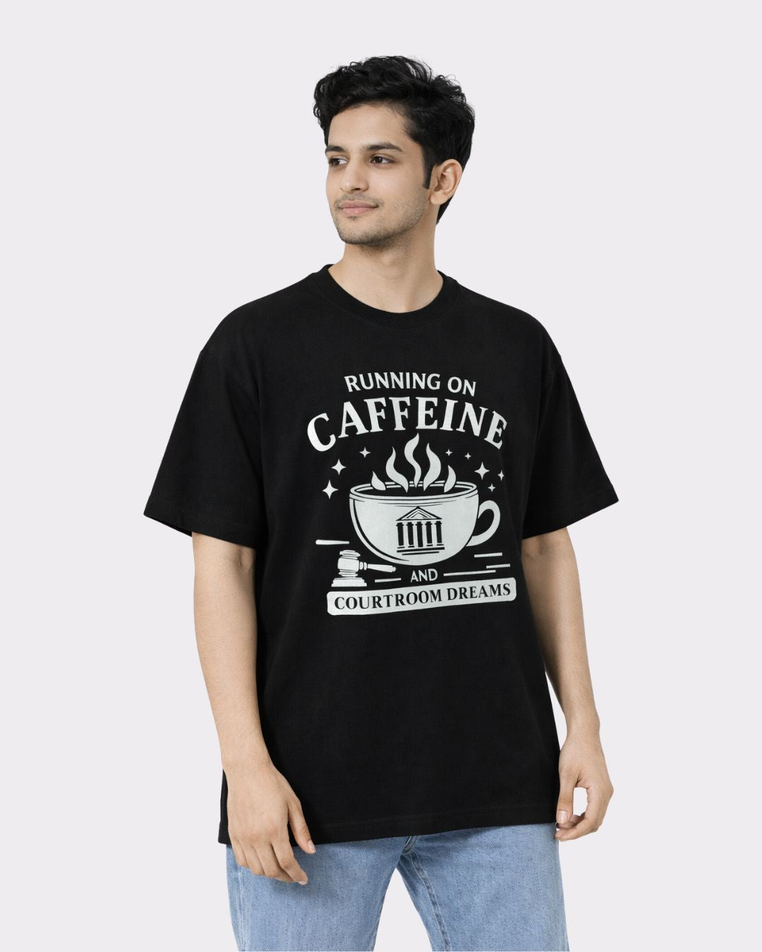 Black Lawyer Oversized T-Shirt For Men with caffeine and courtroom dreams print
