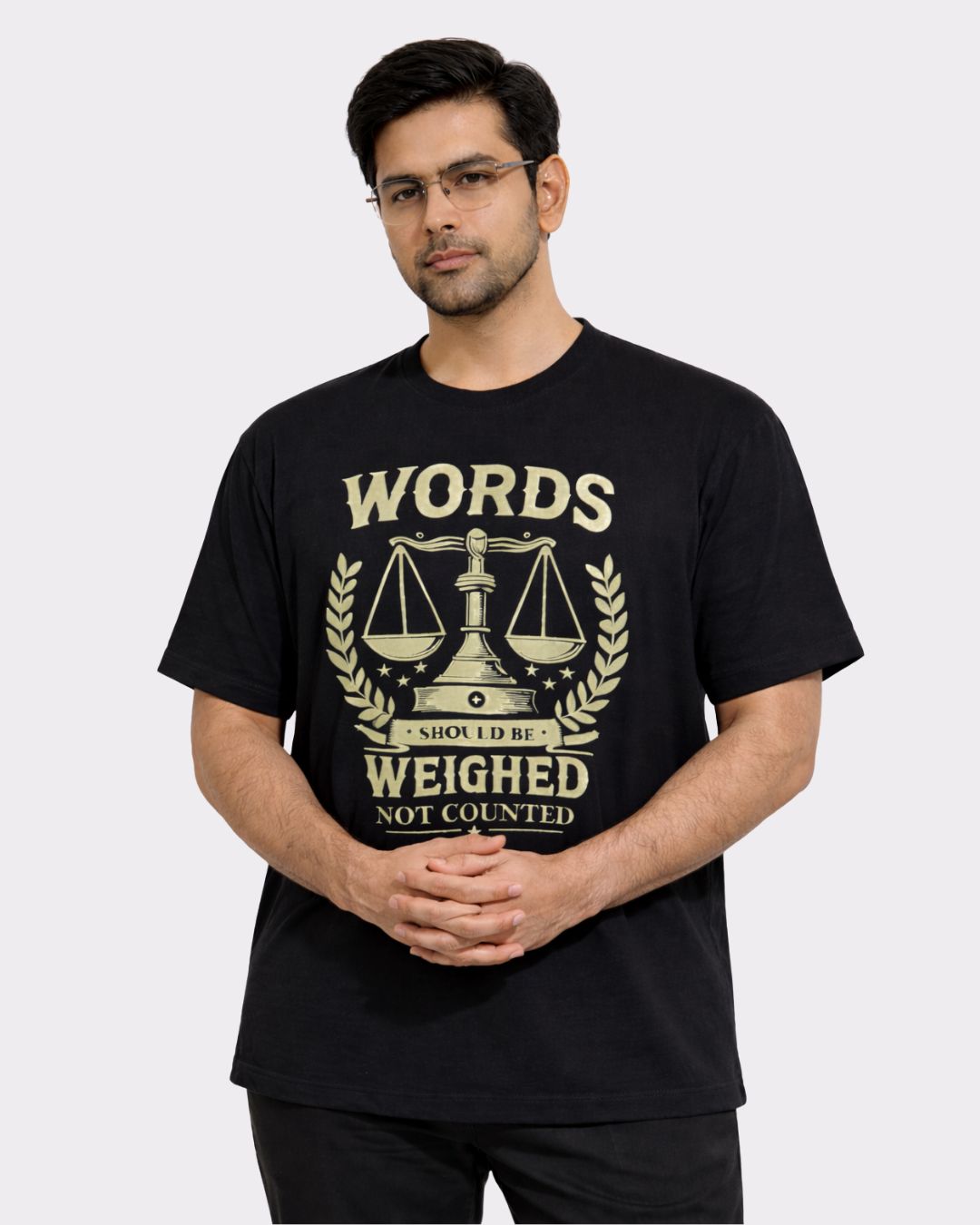 Lawyer Oversized T-Shirt For Men in black with justice scale graphic and words design by Bandar Baant Collections