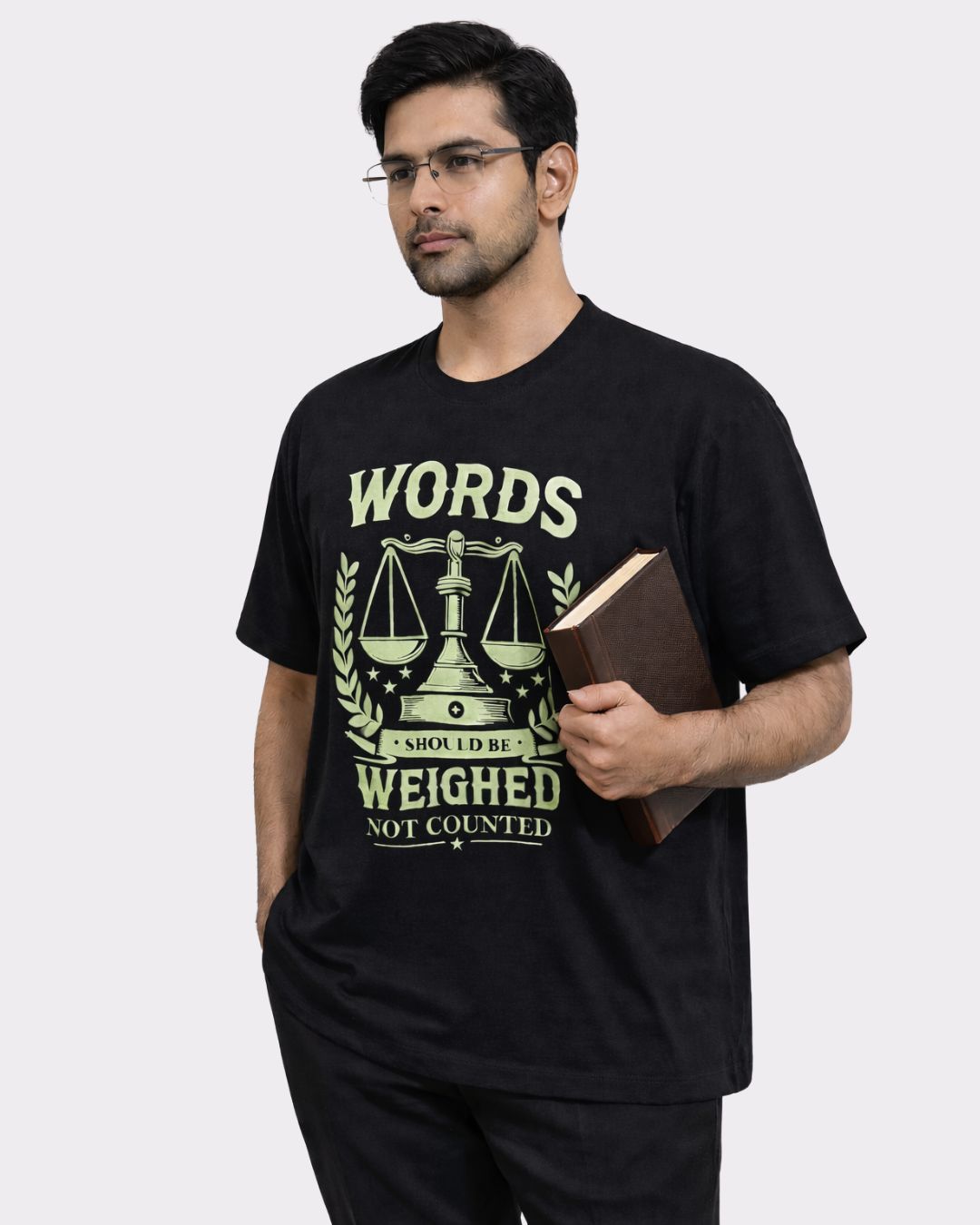 Lawyer Oversized T-Shirt For Men in black with scales of justice graphic and words design