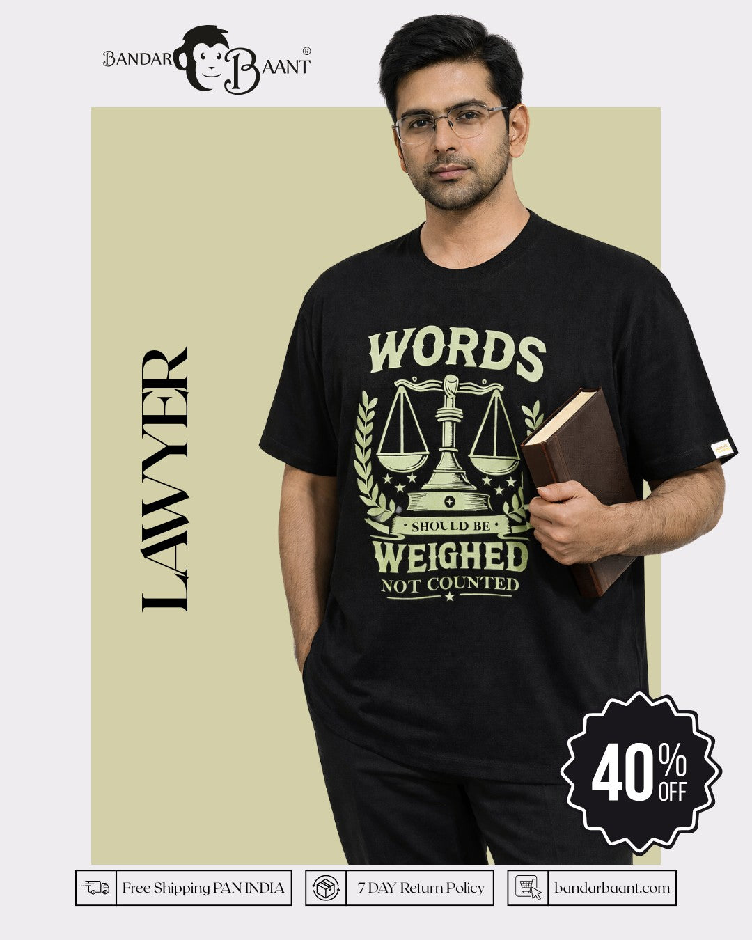 Bandar Baant Collections Lawyer Oversized T-Shirt For Men in black with scales of justice graphic