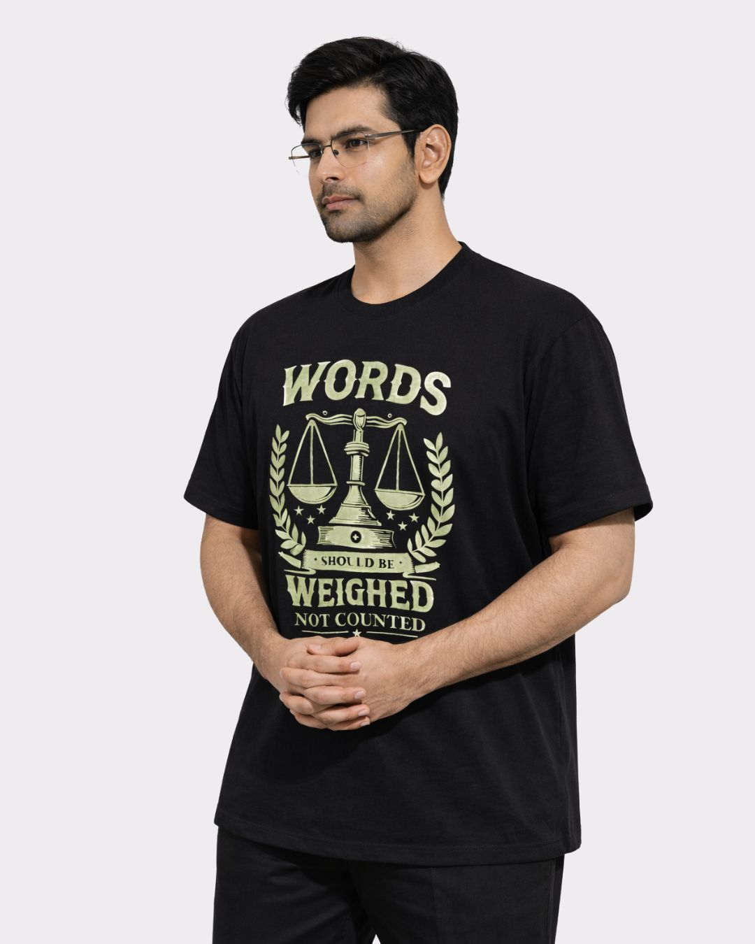 Lawyer Oversized T-Shirt For Men in black with justice scale graphic and Words Should Be Weighed design
