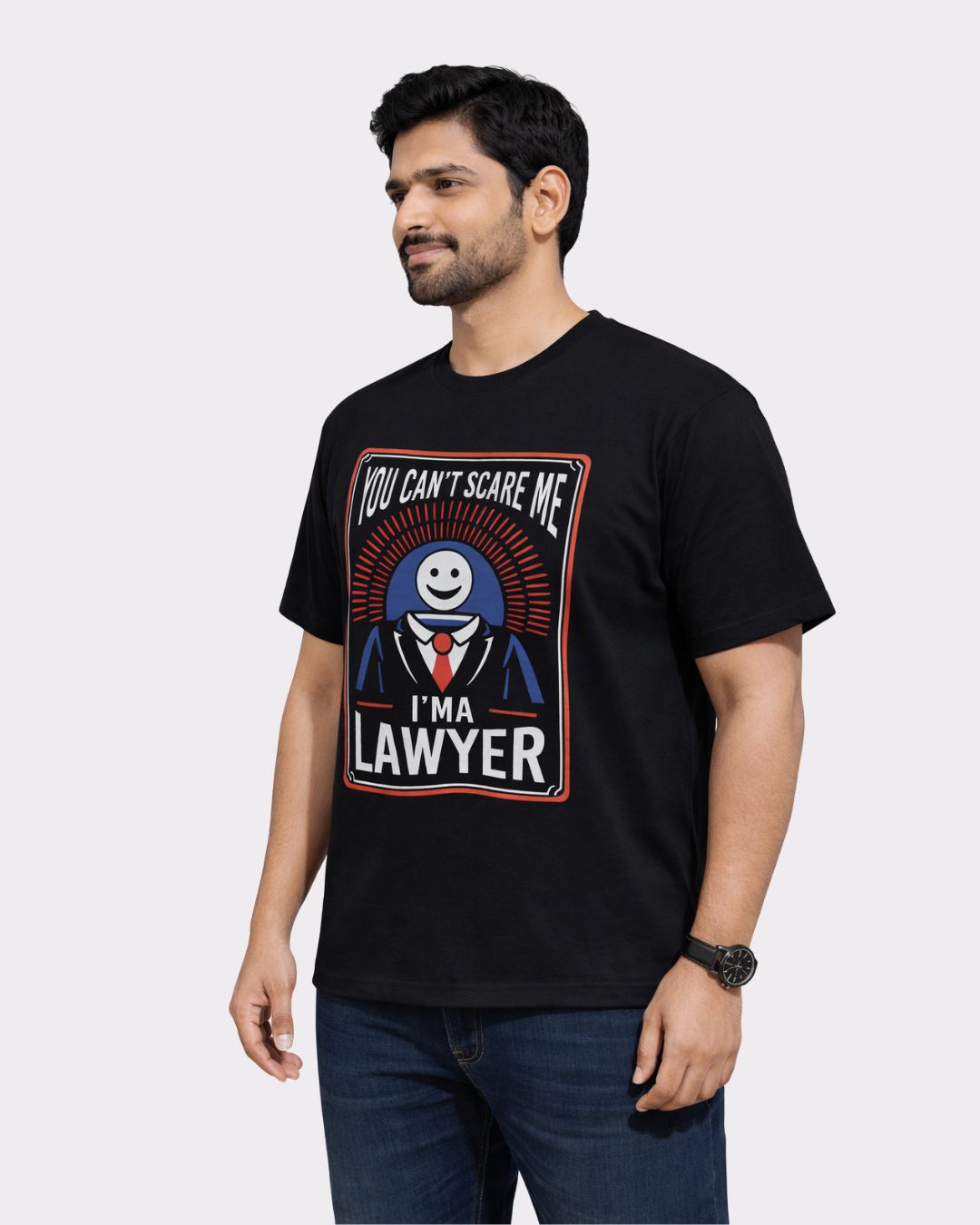 Lawyer Oversized T-Shirt For Men in black with graphic print and relaxed fit from Bandar Baant Collections
