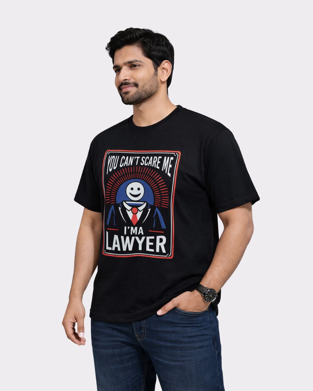 Lawyer Oversized T-Shirt For Men in black with a graphic text design modeled by a man