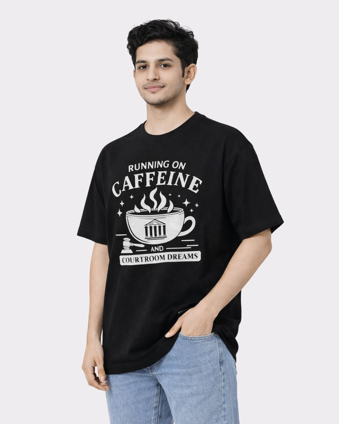 Lawyer Oversized T-Shirt For Men black with caffeine and courtroom dreams graphic worn by male model