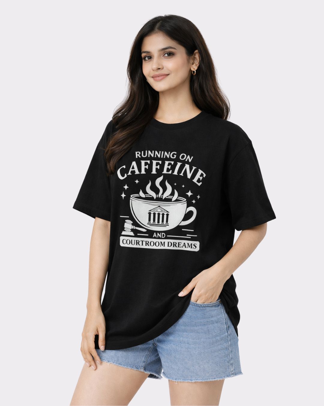Lawyer Oversized T-Shirt For Women black tee with caffeine and courtroom dreams print