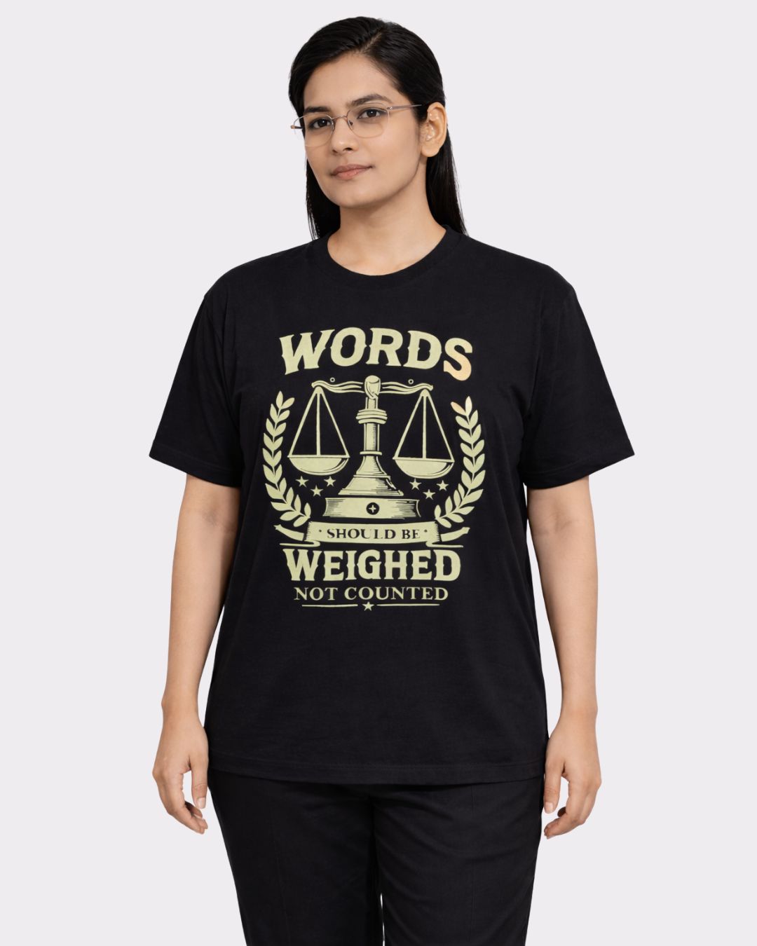Lawyer Oversized T-Shirt For Women black tee with words should be weighed not counted design
