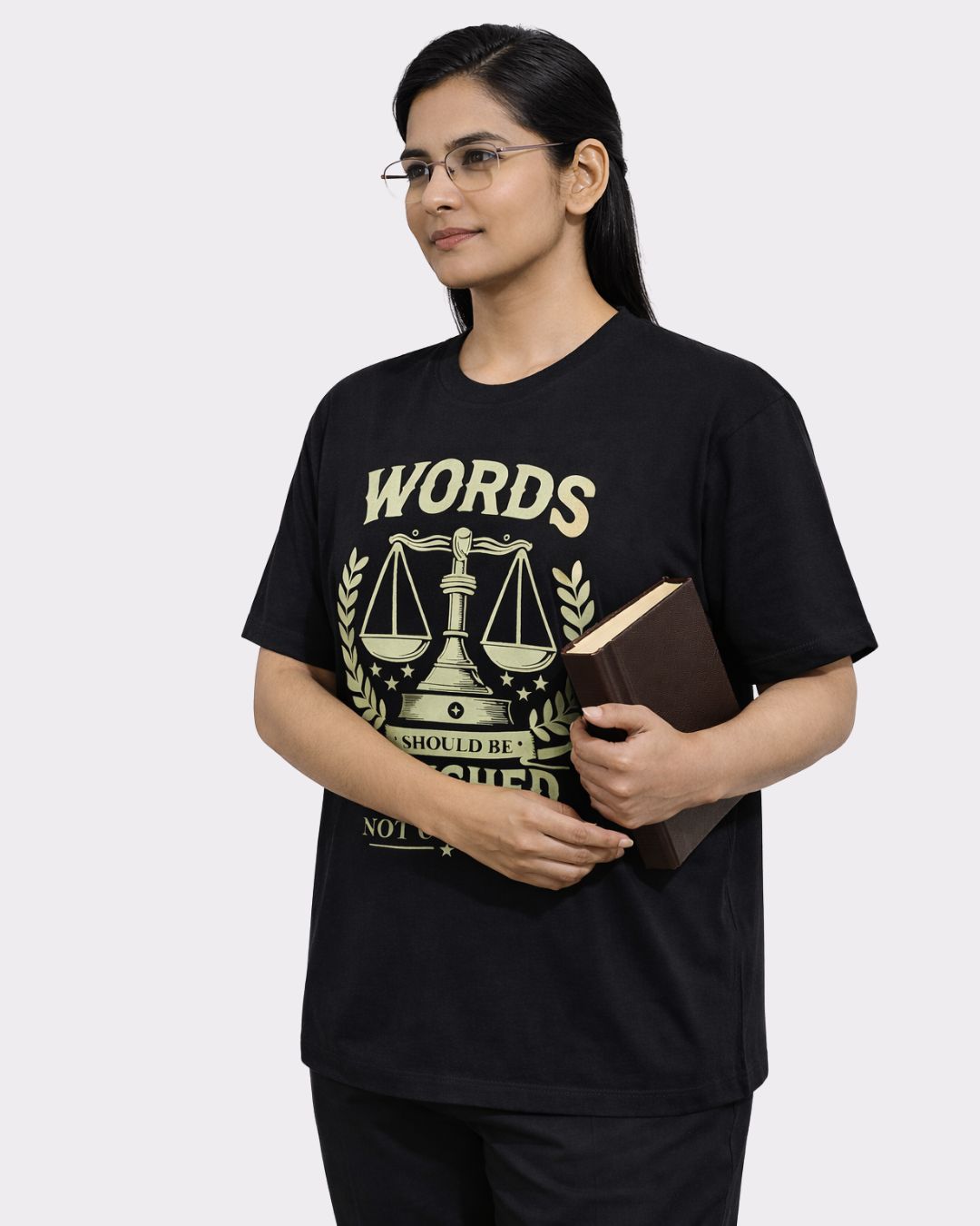 Lawyer Oversized T-Shirt For Women in black with scales of justice graphic from Bandar Baant Collections