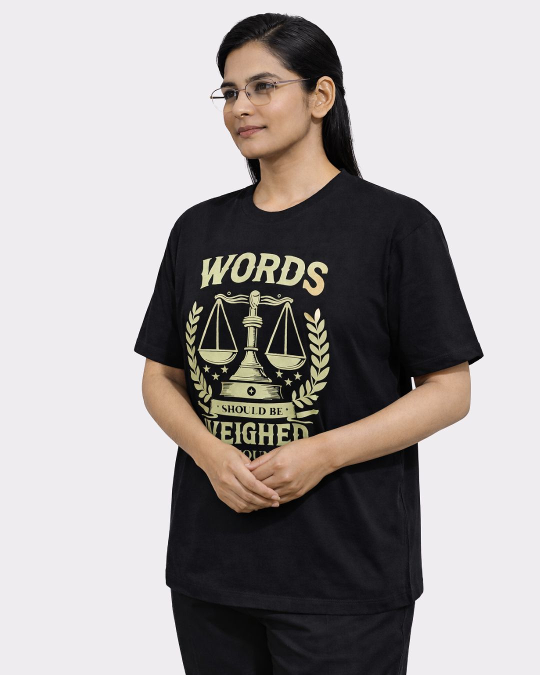 Black Lawyer Oversized T-Shirt For Women with scales of justice graphic and words print