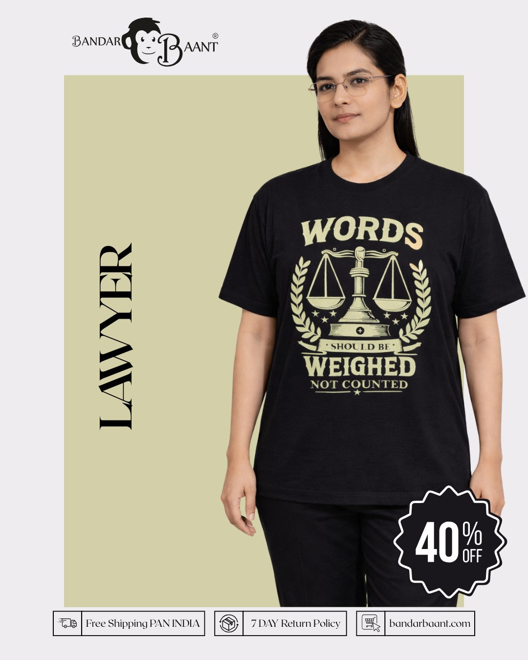 Lawyer Oversized T-Shirt For Women in black with scales of justice and words design from Bandar Baant Collections