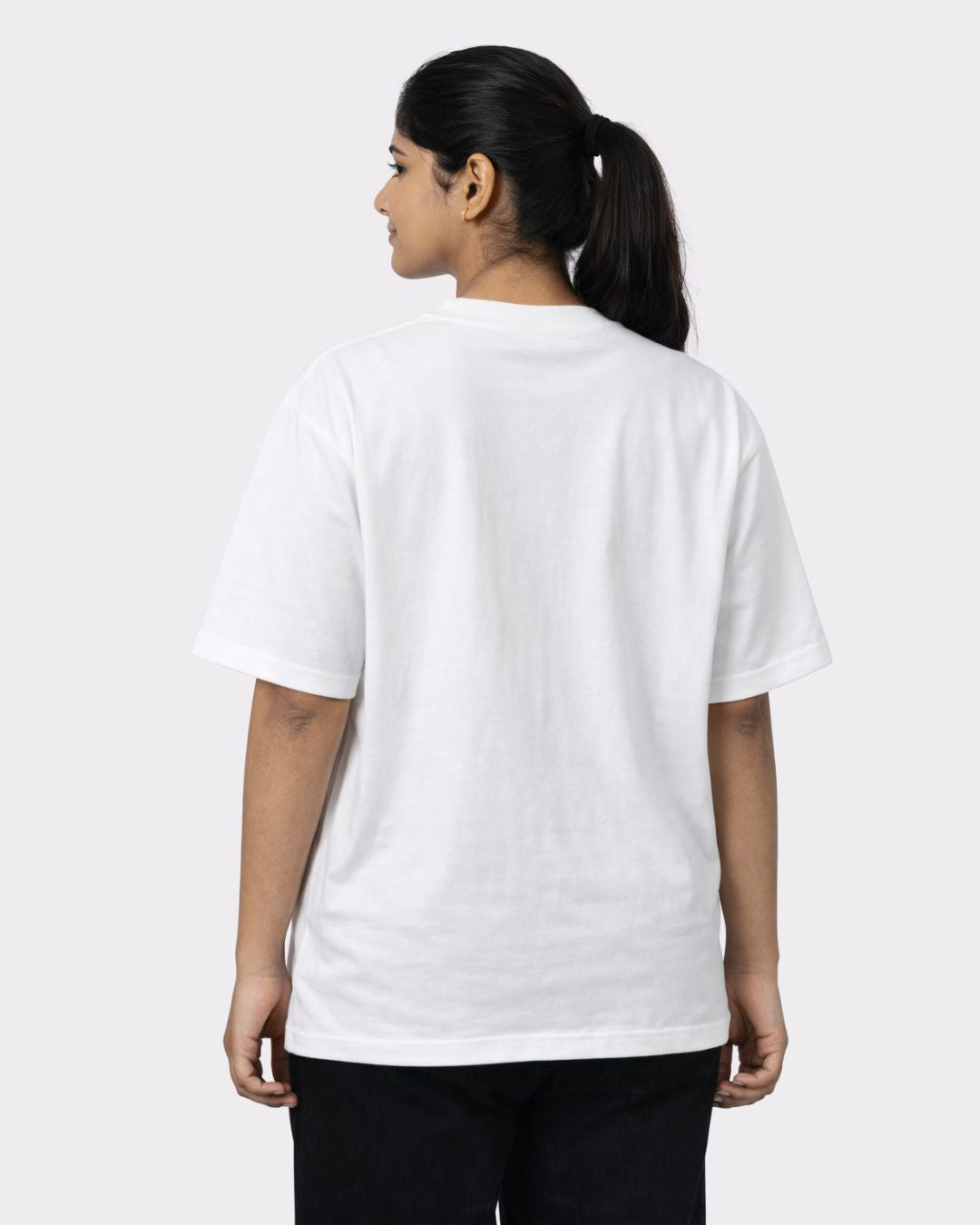 Back view of woman wearing white Lawyer Oversized Trendy T-Shirt For Women by Bandar Baant Collections
