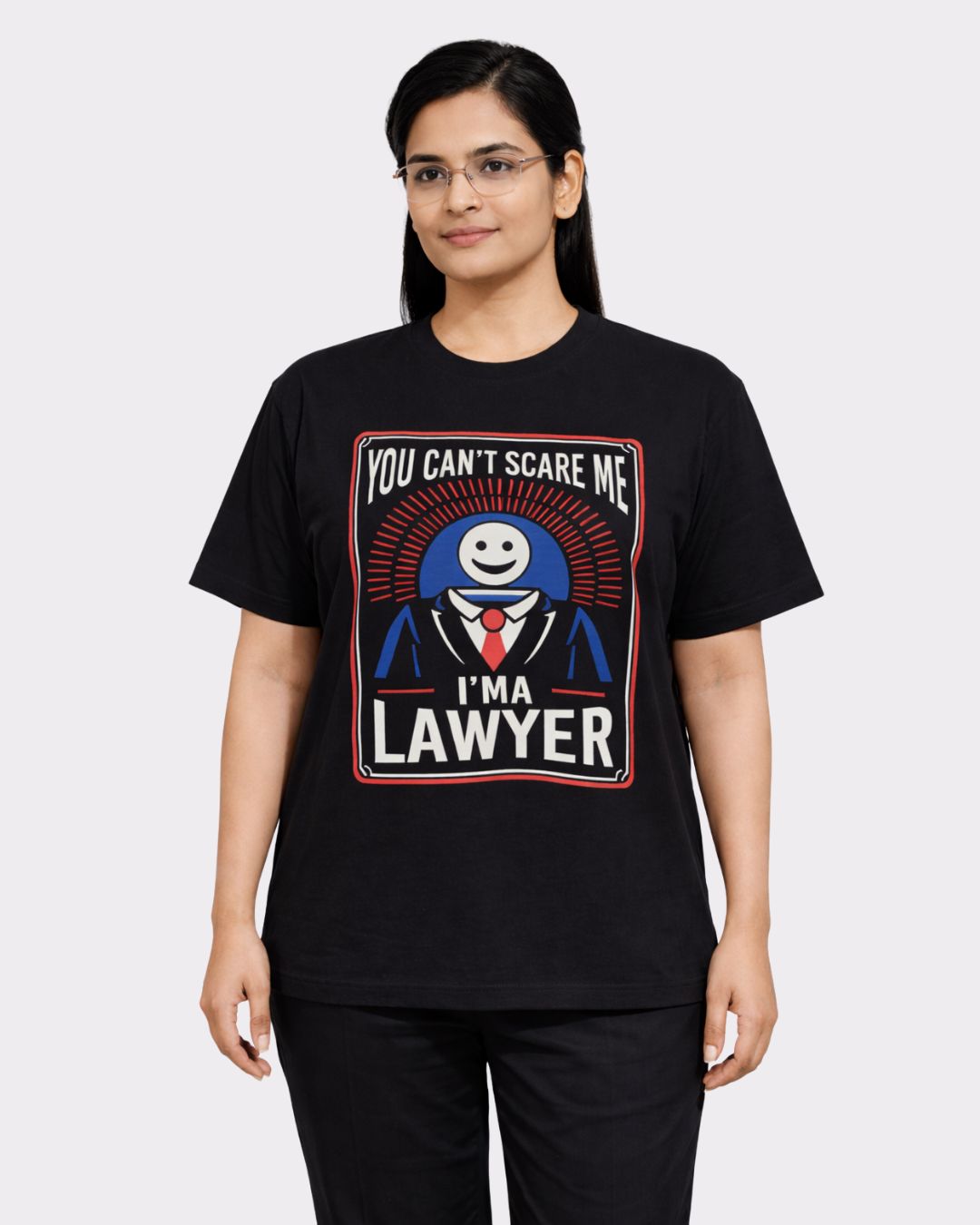 Lawyer Oversized Trendy T-Shirt For Women in black with graphic text You Can't Scare Me I'm A Lawyer