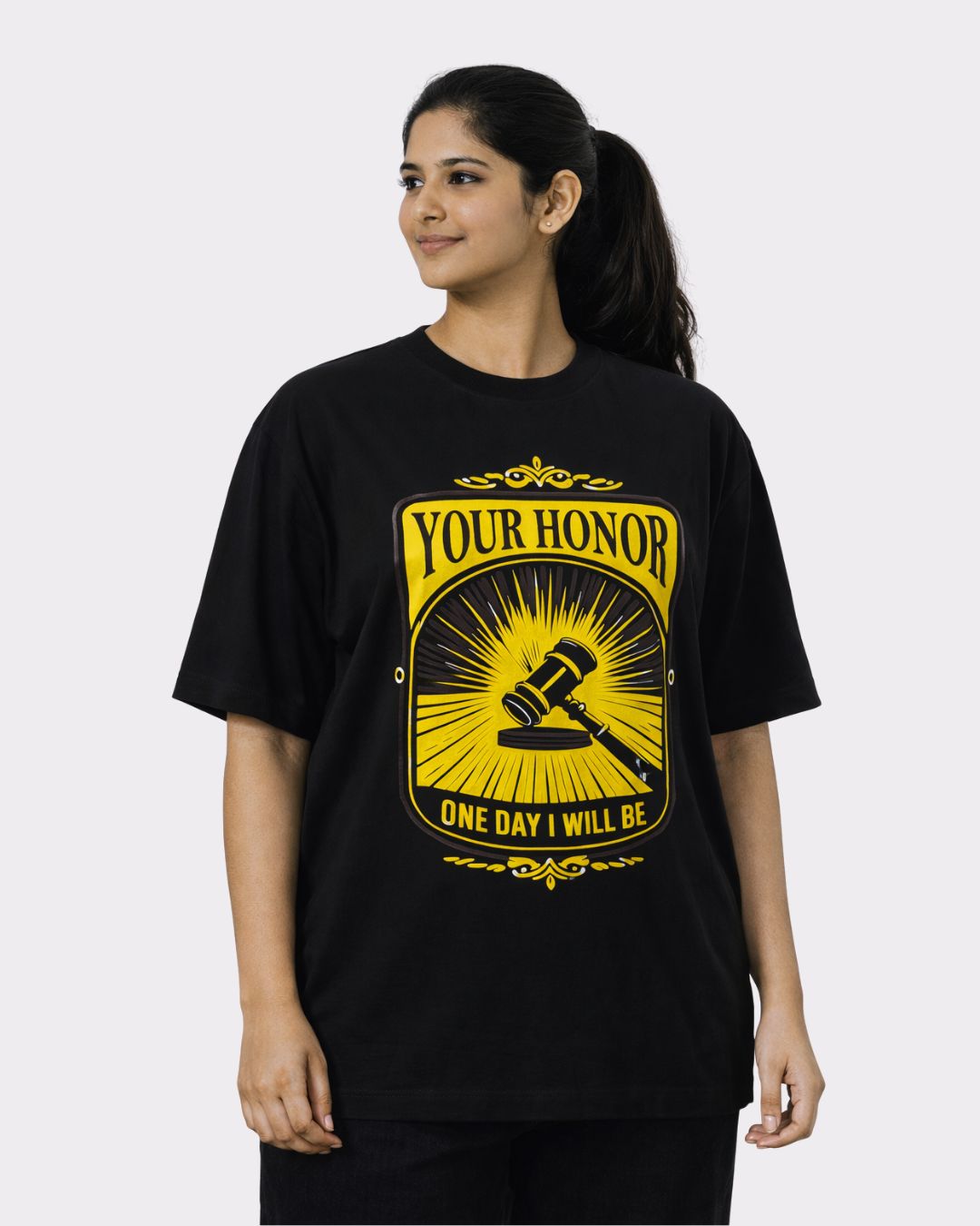Lawyer Oversized Trendy T-Shirt For Women in black with yellow gavel design and Your Honor text
