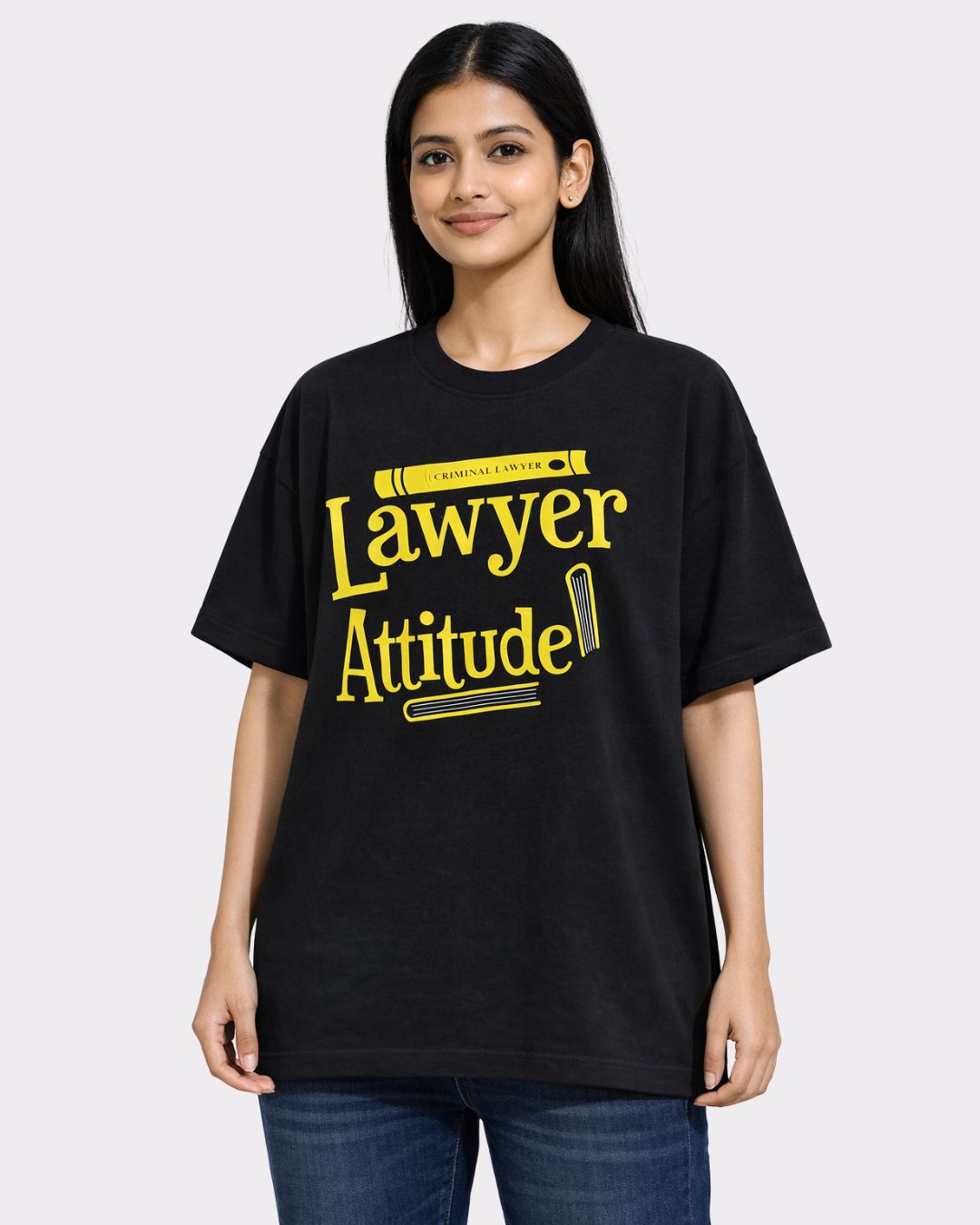 Black Lawyer Oversized Trendy T-Shirt For Women with yellow Lawyer Attitude print worn by a woman